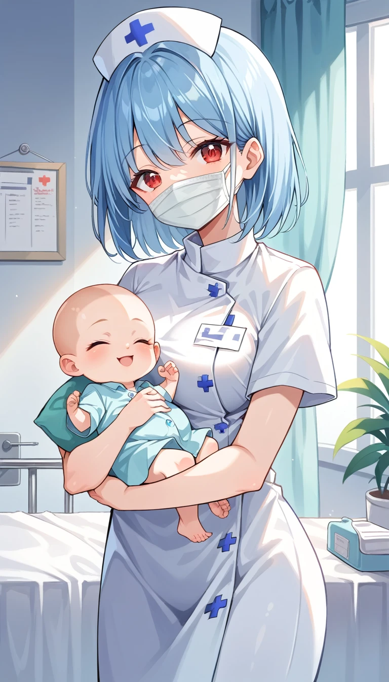 score_9, score_8_up, score_7_up, score_6_up, 1girl, nurse, blue nurse outfit, surgical mask, smiling eyes, red eyes, happy BREAK , carrying baby, cradling a baby, baby wrapped in blanket, baby has closed eyes, 