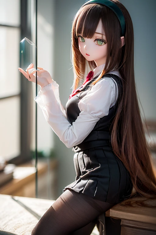 (SFW:2), photorealistic, realistic photo, 8k, ((highest quality)), ((masterpiece)), (extremely detailed), kukolnydom, doll, (mature woman, 22yo, 22 years old, solo:1.6), (profile, from side, leaning on desk. slim, slender, skinny, medium breasts, hairband, ascot, vest, blouse, long puff sleeves, pleated skirt, black pantyhose, green eyes, brown hair, long hair, plastic skin, looking at another, glass eyes, gradient eyes, shining eyes, detailed eyes:1.3)