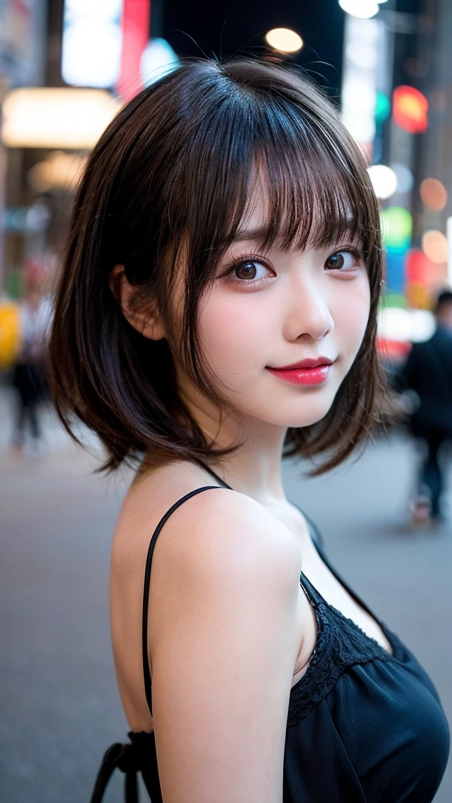 Tabletop, Highest quality, shape, Very detailed, finely, High resolution, 8k wallpaper, 完璧なダイナミックな構shape, finelyて美しい目, Wearing a black dress,Medium Hair,Natural color lip, smile,Harajuku、age Girl、cute、Looking into the camera、C cup、Brown Hair、Blurred night New York background