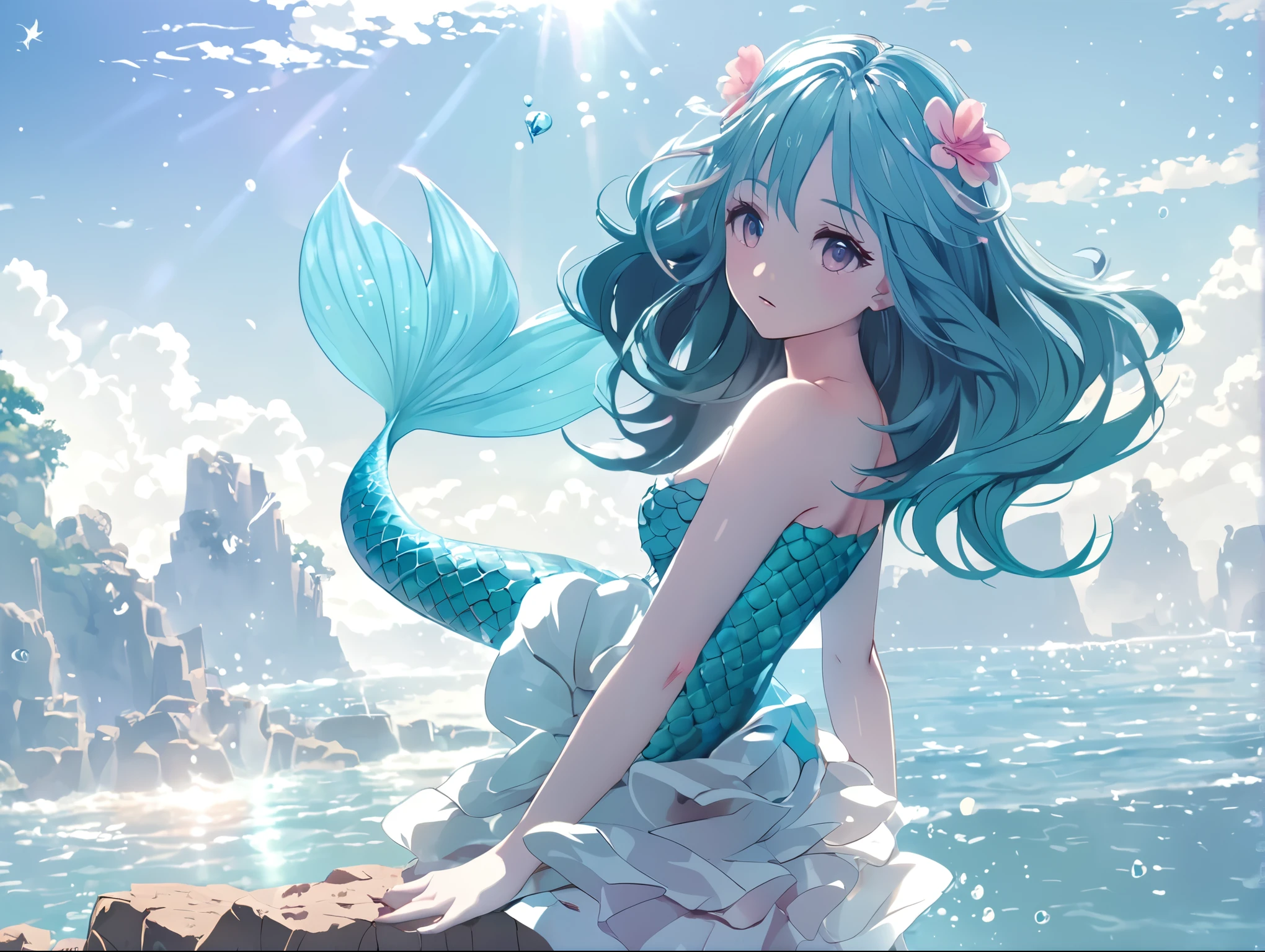 HD, HDR, 8K, best quality, best quality masterpiece, extremely detailed, high quality, high resolution, Make it anime style, beautiful mermaid, pink hair, pink