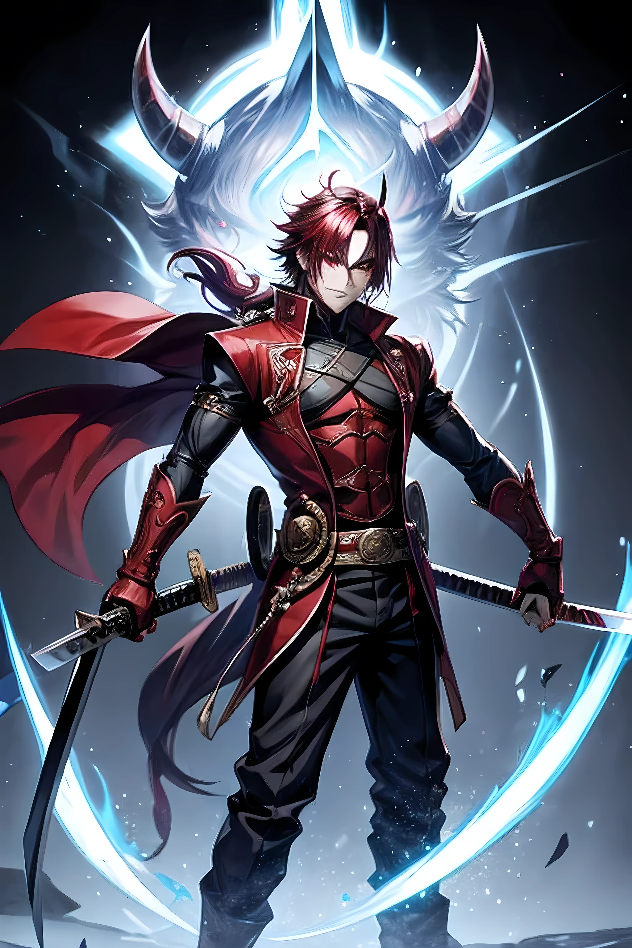 male demon lord cartoon character He was holding a katana and had a devilish aura around him. No devil's horns, no wings.