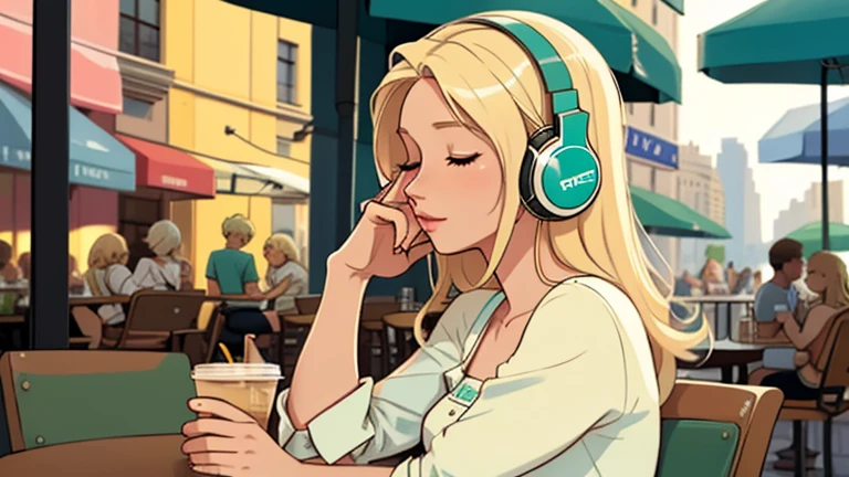 A beautiful blonde woman in her twenties is sitting on a cafe terrace wearing headphones. Looking down, close your eyes, LOFI Girl, relaxed mood, comfortable, Only 5 fingers, new york, Starbucks