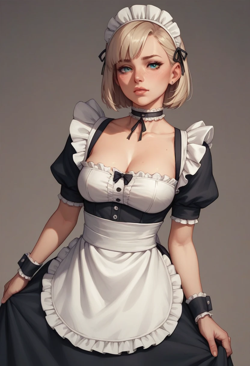 choker, Maid's Headdress, nude、Huge breasts、Staring at a huge penis、surprised、blush、Upper body only、Erect penis、Pregnant women、Handjob