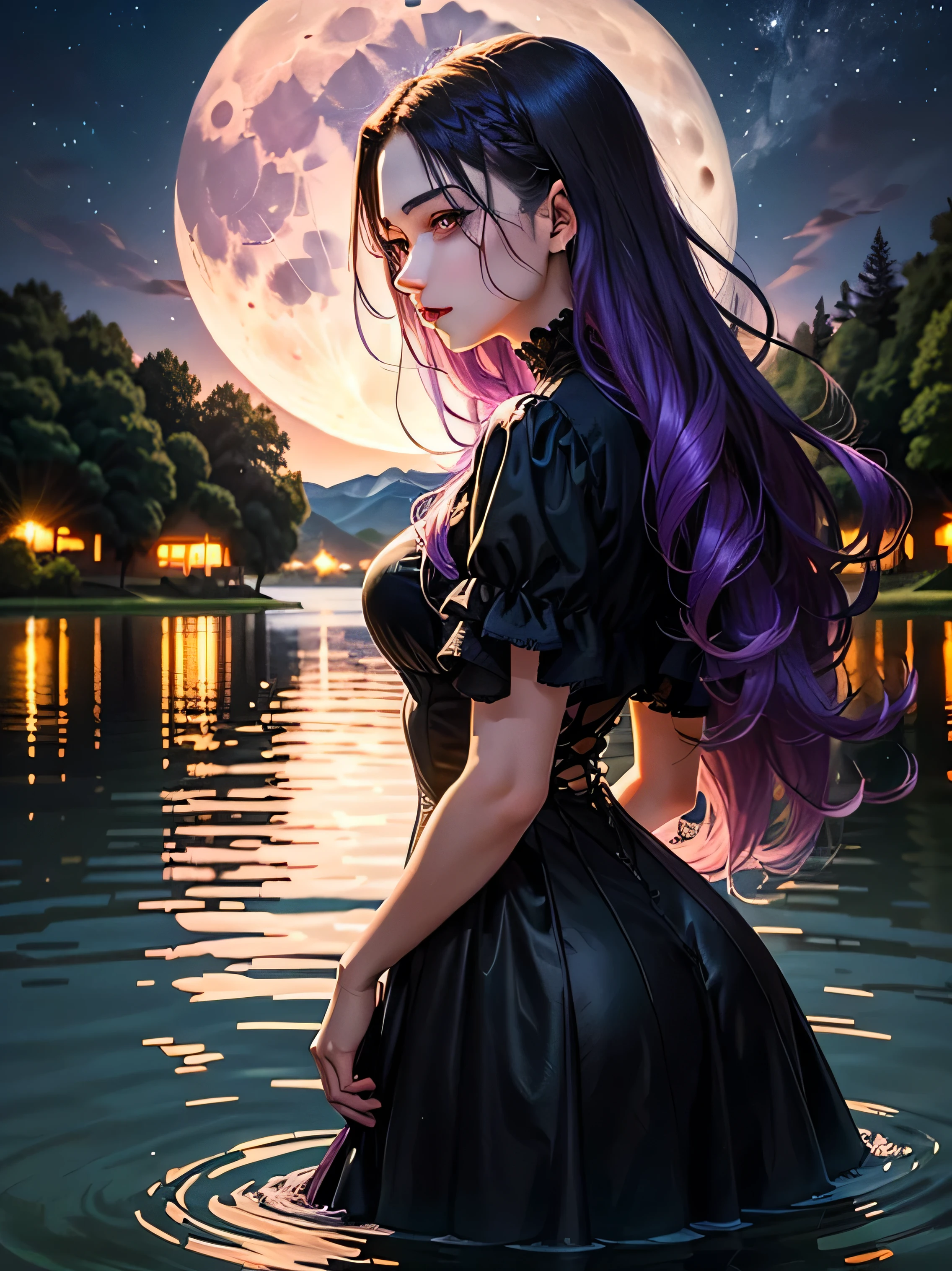 1 young woman, standing in the water in the lake, behind her lights big, big moon, moonlight reflected in detailed face, face profile, young woman looking at moon, night sky, long purple hair, bright purple eyes, beautiful face, long, black, gothic dress, beautiful face, artwork,