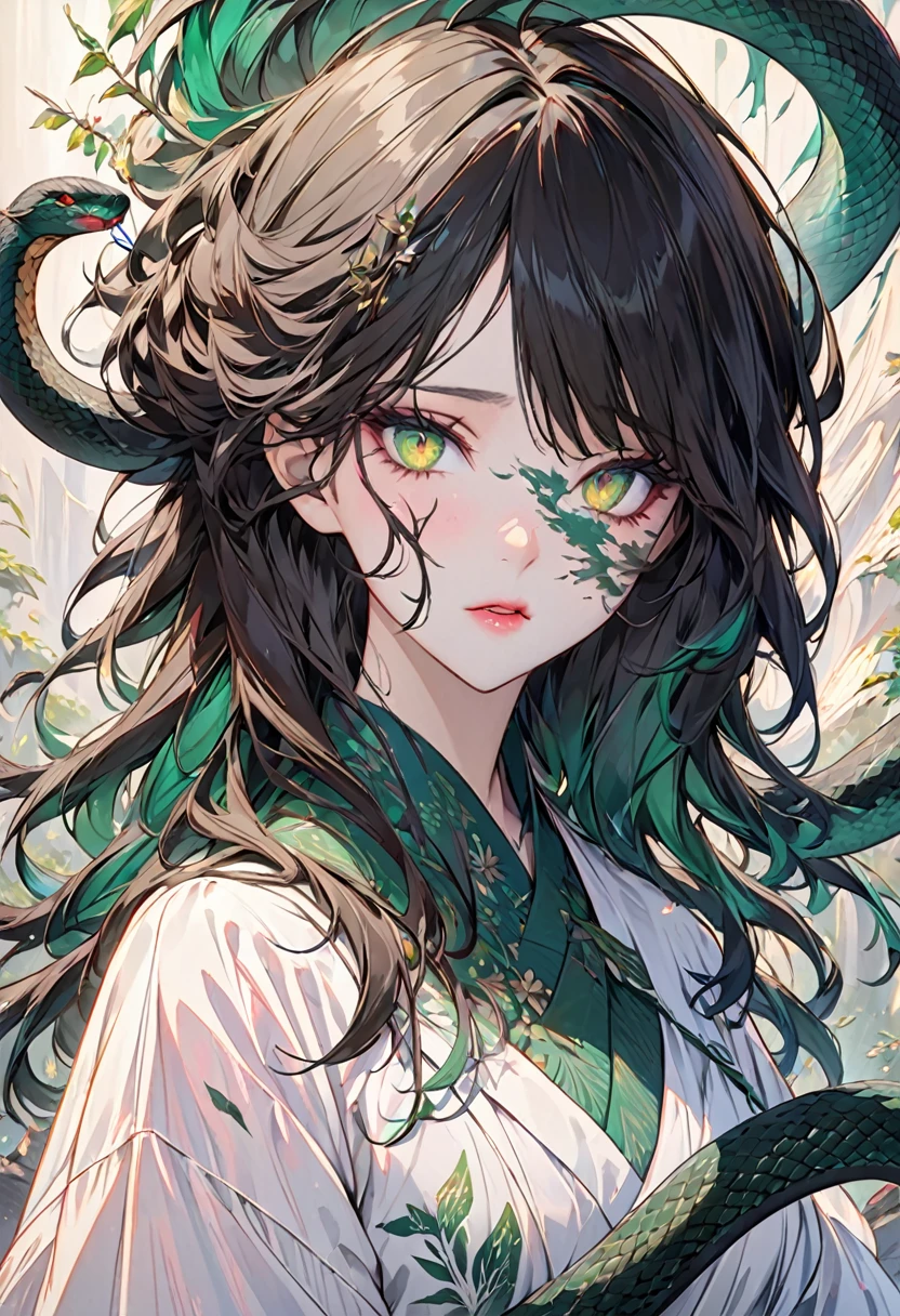 nsfw、• Character Design:女性型の蛇のAjin • 目: Golden Eyes。Sharp、Vertically narrow pupils represent the predator instinct。 • hair: Expressive snake-like hair。Her long, disheveled hair spread out、Give the tip of the hair a snake-like texture。 • Skin: The whole thing has a snake-scale texture.、Be careful not to ruin the beauty。 • expression: 謎めいた微笑みとAlluringさを併せ持つ表情。 • backgroundと演出: • background: Based on white、Abstract image of ink smudged with emerald green。A simple yet complex pattern emerges。 • Lighting: Shine a strong light on her face、Emphasize shadows。Reflects light especially on the eyes and scales。 • Pauseとディテール: • Pause: Close-up of face facing camera。The visible nails have flashy nail art.。 • Costumes: Modern and gorgeous dress。 Concept Art、Alluring、Exposed、Ajin、stylish