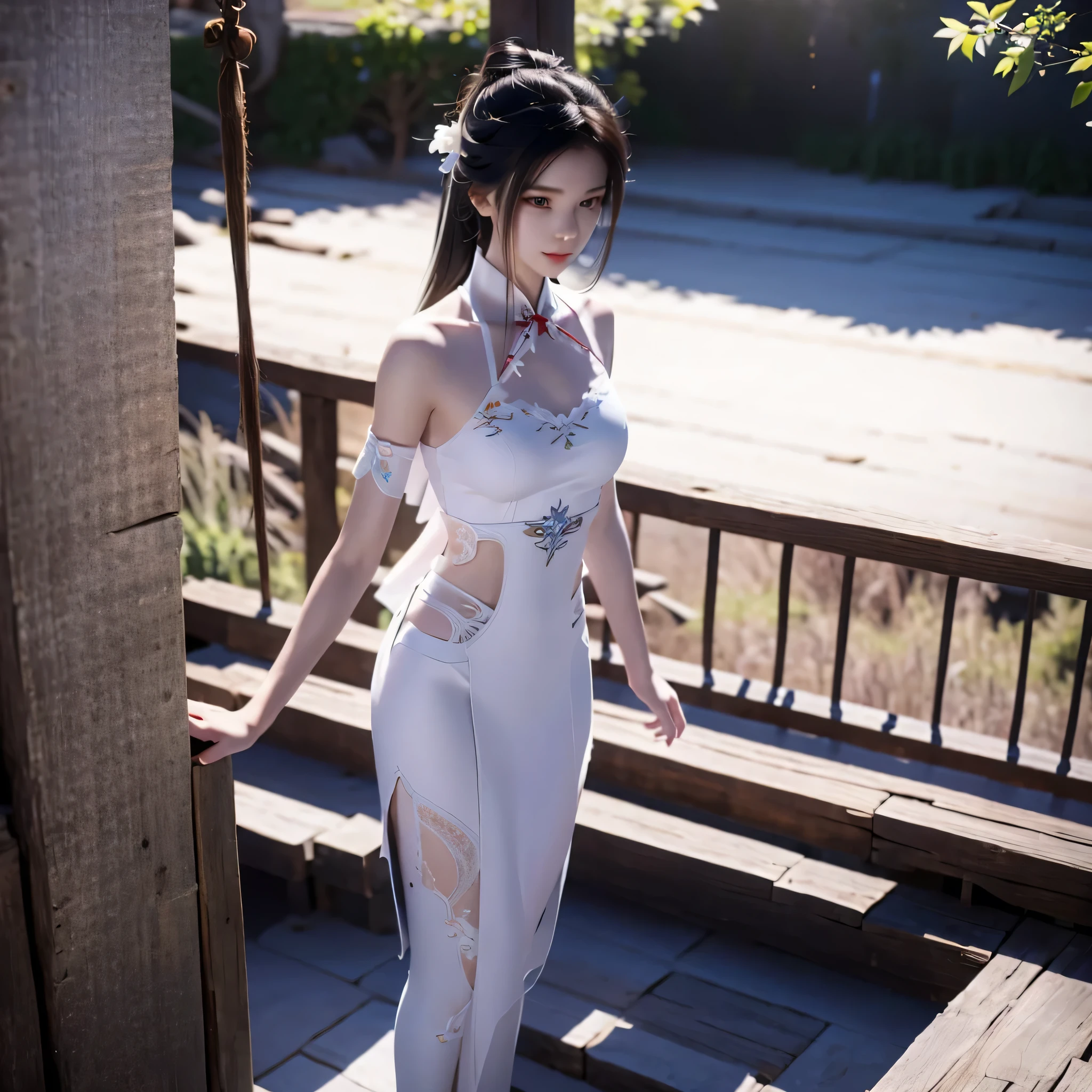 First place girl，Wearing a white skinny cheongsam，Bare shoulders，3D Chinese comic style works，Fairy fantasy