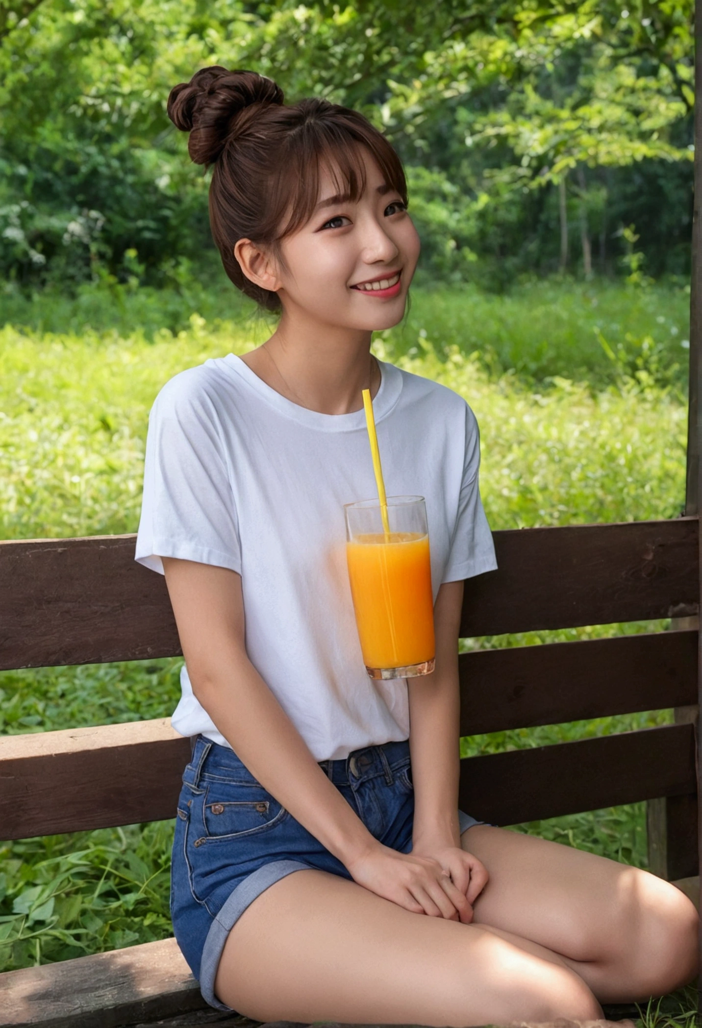 One girl, close, 8k, RAW Photos, Highest quality, masterpiece,Realistic, photo-Realistic, Small breasts、Are thin、Beauty、Her hair is brown and tied in a bun、Looking towards me with a smile and mouth open、Midsummer Afternoon、They are sitting in the shade and chatting、cute、drinking orange juice from a bottle、A white T-shirt and blue denim shorts、彼女は汗をかいているせいで白いTシャツが彼女の身体に張り付いてcute乳首が透けている。