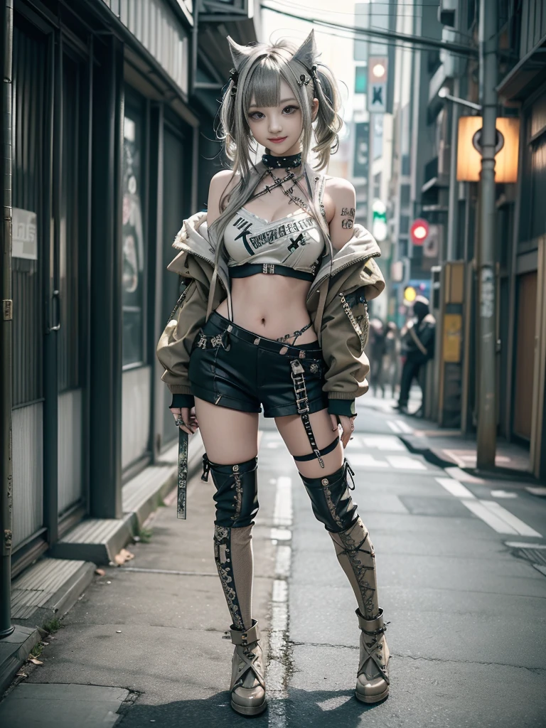 (Full Body View:1.2)、(Smiling with teeth showing:1.3),(Shibuya Gal:1.5)、(Beautiful gravure model:1.5)、(Neo-goth fashion:1.5)、(Punk RockVisual Kei:1.5)、(An off-the-shoulder hoodie in olive and beige colors, adorned with delicate silver accessories.:1.5)、(Beige and white corset with delicate design:1.4)、(Olive and white snakeskin bodysuit:1.5)、(head band:1.3)、(Beige and olive knee socks:1.4)、Embellished collar and long boots、(I&#39;m selling snake print underwear.:1.4)、(Long eyelashes:1.3)、(20-year-old)、((Highest quality、8k、masterpiece:1.3))、1 Female、Slim and beautiful abs:1.3、(hairstyle casual、Beautiful boobs:1.1)、(Doing an aerobics pose:1.3)、dress:1.1、Super small face、Narrow eyes、double eyelid、A sloppy smile、Esbian all over body、Dynamic Angle、Close-up、CPL Filter、Blurred Background、Bokeh、Blue Hour、Detailed face and skin texture、Detailed eyes、,(Twin tails:1.3)、(Black brown hair:1.3)、Gravure idol、(The background is a bright and glamorous fashion show stage.:1.3)、(Make your legs thinner:1.4)、(Slim Body:1.3)、(clavicle:1.1)

