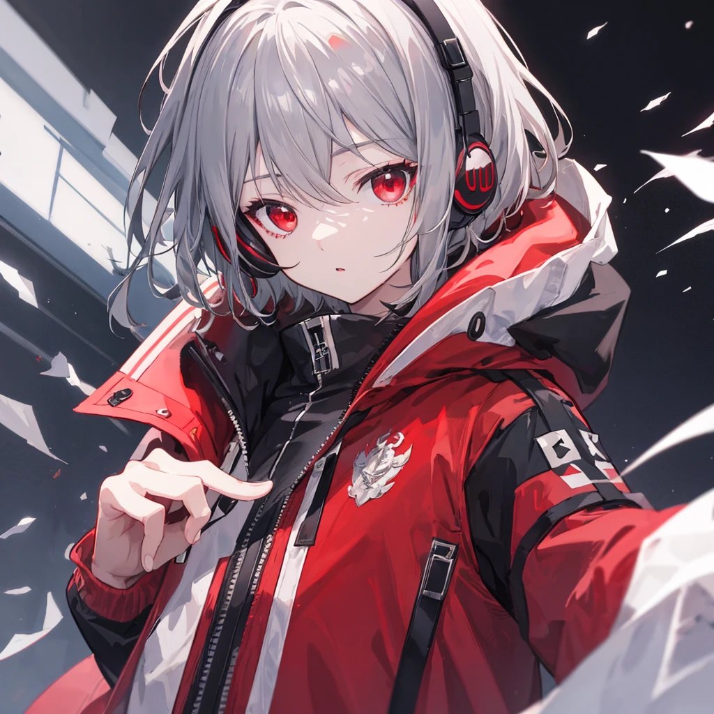 （masterpiece,Highest quality,Anime Style,atmosphere，More Information，CG rendering，Character portrait，Ray Tracing)((juvenile、juvenile、Shota、Solo))、Gray Hair、Red Eyes、Red and black gradient、Jacket、headphone