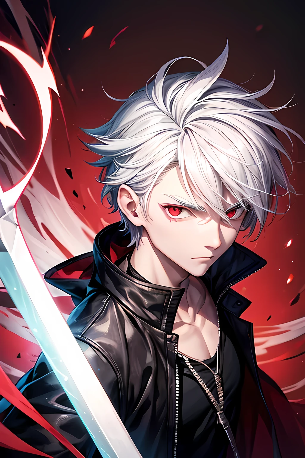 male cartoon character I have white hair and red eyes. Headphones hung around the neck He was holding a dragon sword in his hand. 