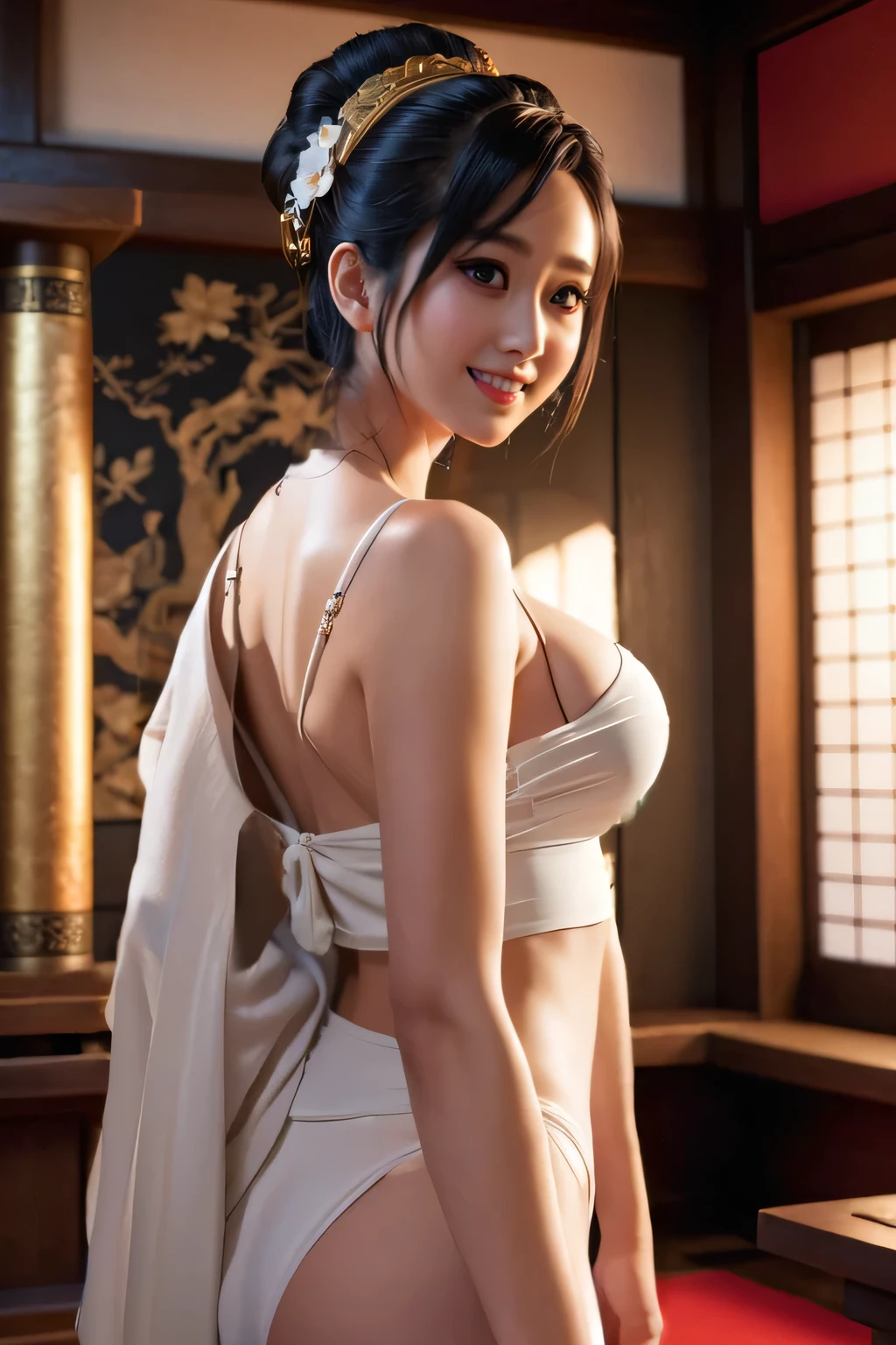(best qualityer: 1.3, work of art: 1.3), ultra HD, (1 girl, standing alone), atmospheric perspective, face detailed, trunk, make up, pink lips, hare lip, shining skin, (chestnut hair), Super long hair, Looking at In front of the audience, Eyes red, aretes, breasts small, Fine body, (White silk), (((((east asian architecture, riverside, beautiful background))), perfect lighting, (front lighting), Physically based rendering,