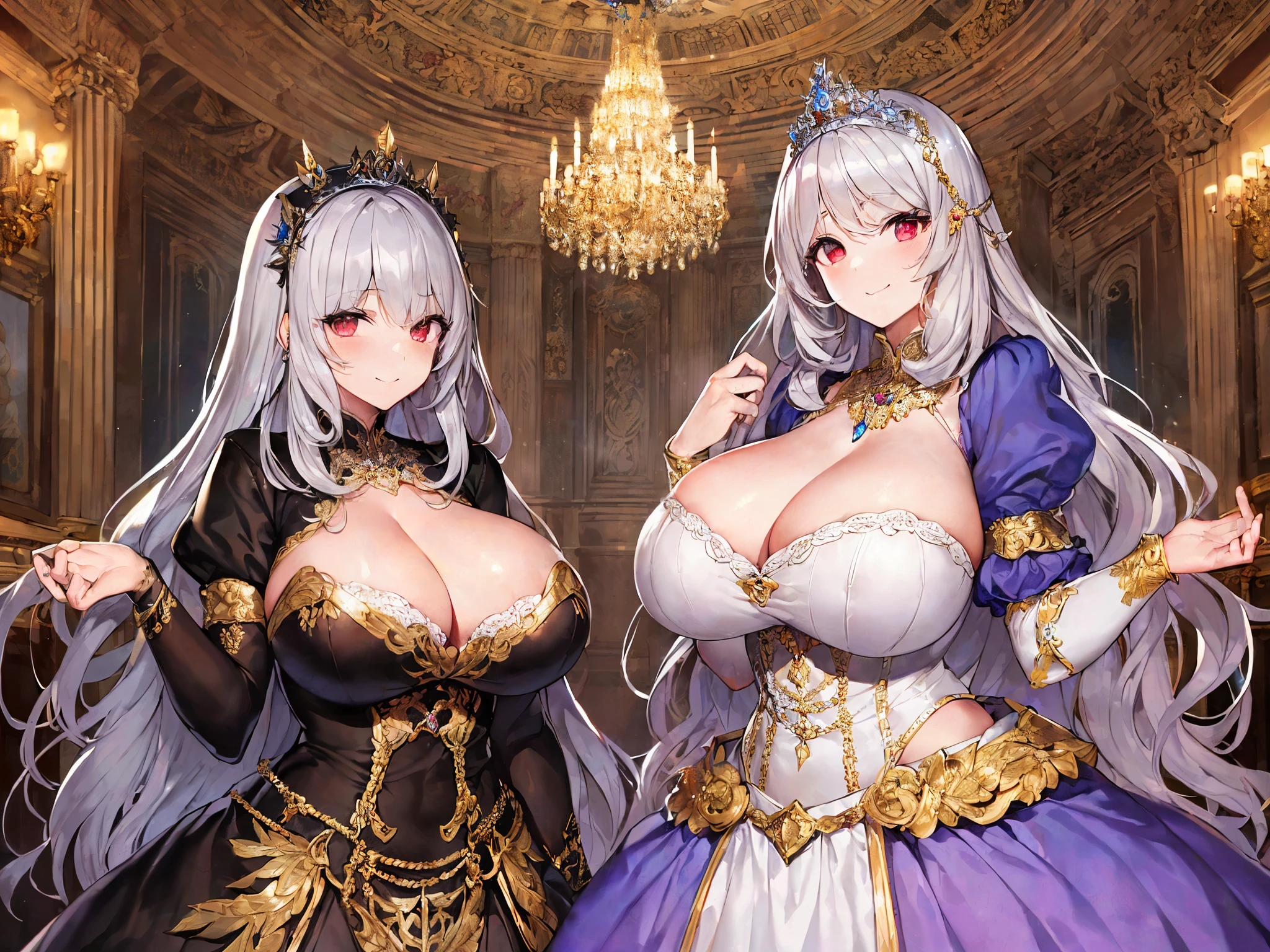 anime artstyle,Two people,((((middle age Silver-haired queen and teenage blonde princess)))),((absurdly long Straight hair,Red Eyes)),(((beautiful embroidery and jeweled gorgeous rococo ballgown with voluminous full length crinoline hoop skirt))),(((absurdly gigantic tits,curvy))),deep cleavage,Skindentation,((detailed face and eyes)),extremely gorgeous hair ornament,((extremely gorgeous big tiara)),luxurious jewelry,((beautiful embroidery and jeweled gorgeous rococo ballgown with voluminous full length crinoline hoop skirt)),(((absurdly gigantic tits))),gorgeous palace,((standing pose,couple focus)),(((Arrogant))),smile