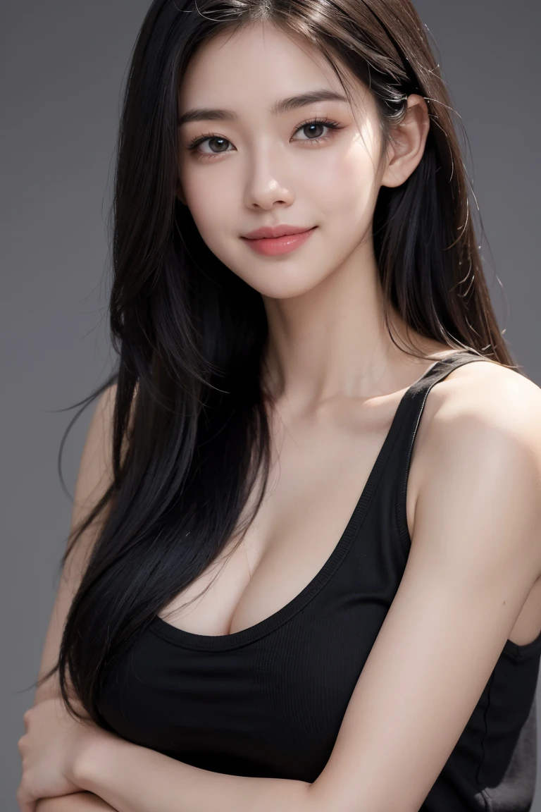 masterpiece, best quality, photorealistic, raw photo, 1girl, Black Long hair, Large breast, Black Muscle Shirt , light smile, detailed skin, pore, simple background, Upper-body, facing the viewer, close-up