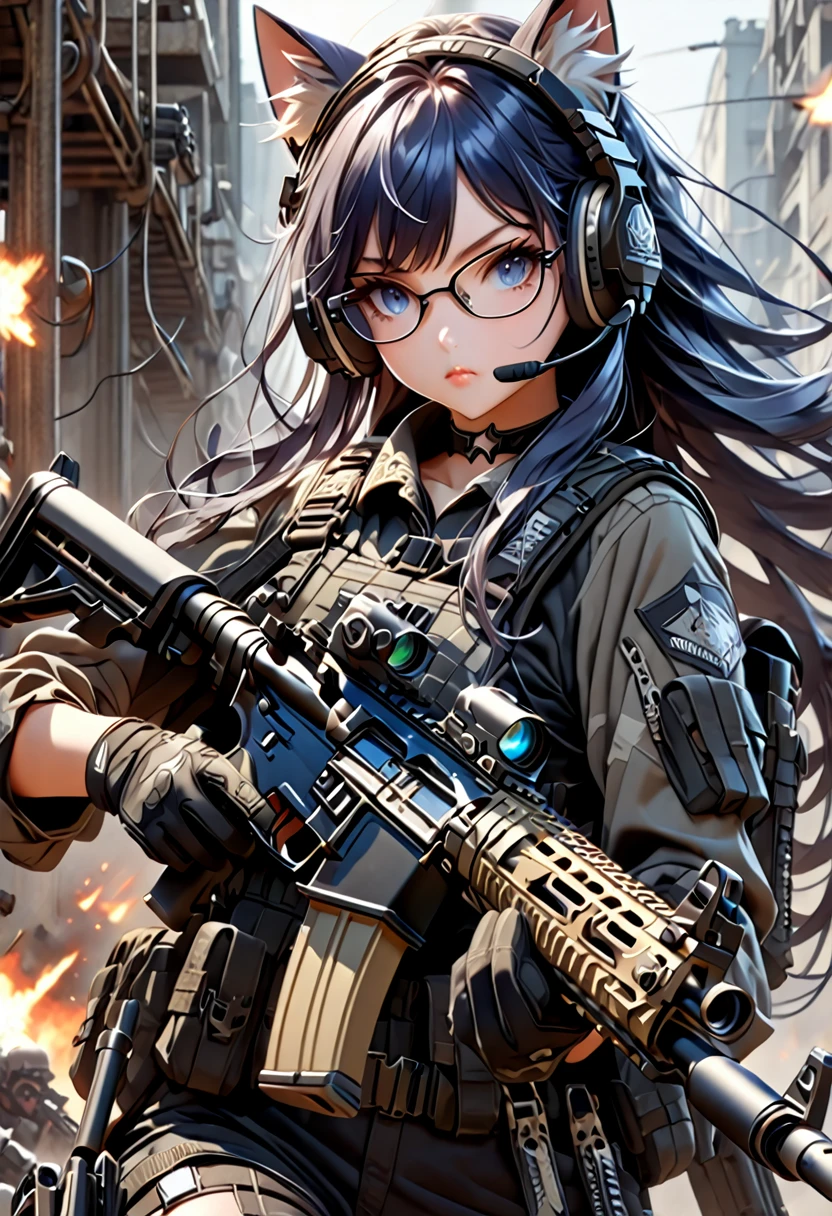 8K Ultra High-Quality, ultra-detailed, High quality, Dark Blue hair, Long hair, Headset, Goggles, cat girl, Grey Tactical clothes, Military clothes, black spandex under clothes, body harness, Looking at viewer, choker, glasses, missing fingers gloves, assault rifle m16, holding assault rifle, full body, close up, side view, looking away from viewer