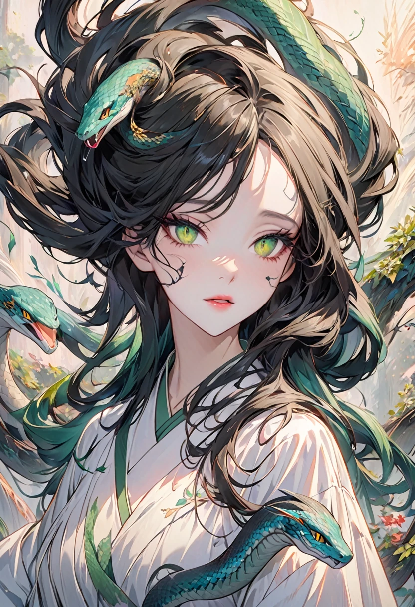 nsfw、• Character Design:女性型の蛇のAjin • 目: Golden Eyes。Sharp、Vertically narrow pupils represent the predator instinct。 • hair: Expressive snake-like hair。Her long, disheveled hair spread out、Give the tip of the hair a snake-like texture。 • Skin: The whole thing has a snake-scale texture.、Be careful not to ruin the beauty。 • expression: Ecstatic expression。微笑みとAlluringさを併せ持つ表情。 • backgroundと演出: • background: Based on white、Abstract image of ink smudged with emerald green。A simple yet complex pattern emerges。 • Lighting: Shine a strong light on her face、Emphasize shadows。Reflects light especially on the eyes and scales。 • Pauseとディテール: • Pause: Close-up of face facing camera。The visible nails have flashy nail art.。 • Costumes: Modern and gorgeous dress。 Concept Art、Alluring、Exposed、Ajin、stylish、A depiction of a snake coiling around something