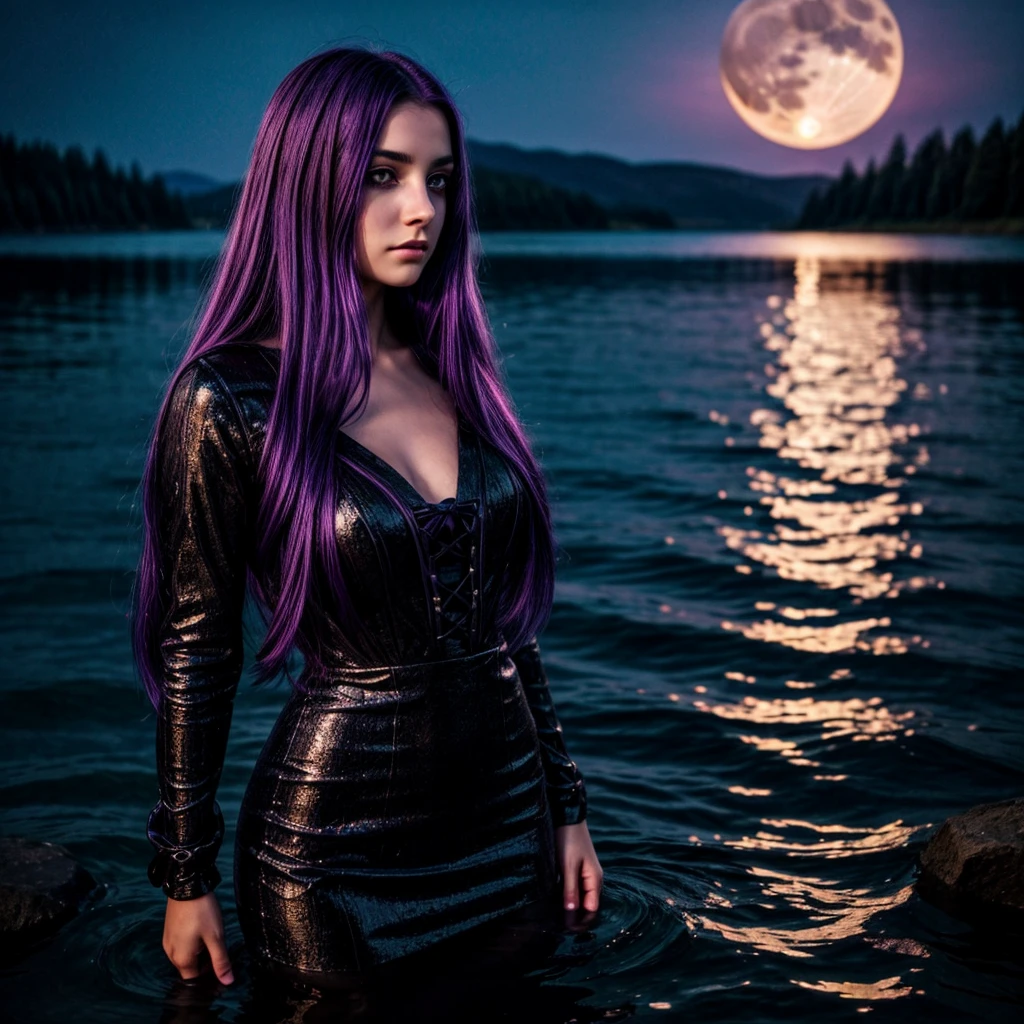 ung woman, standing in the water in the lake, behind her lights big, big moon, moonlight reflected in detailed face, face profile, young woman looking at moon, night sky, long purple hair, bright purple eyes, beautiful face, long, black, gothic dress, beautiful face, artwork,