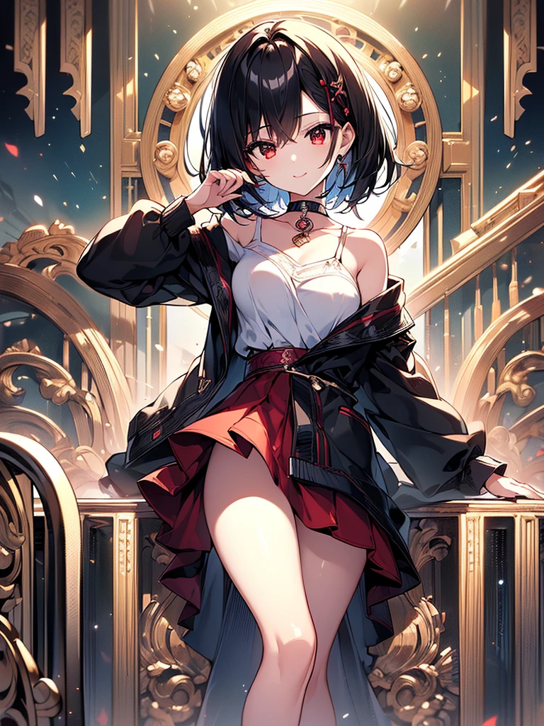 (masterpiece, highest quality, highest quality, (No text), Beautiful and aesthetic:1.2),No text,アニメ、BREAK,One Girl,Black Hair Girl short hair older sister choker Beautiful eyes Red eyes cool smile Red and Black Black jacket mini skirt whole body In town