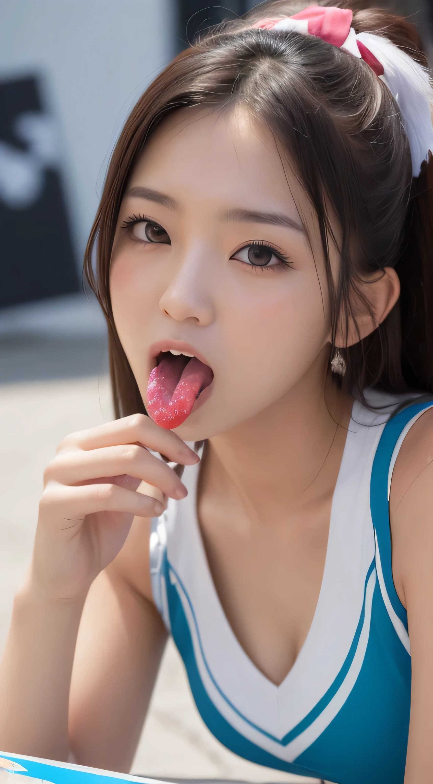 Beautiful Japanese idol cheerleader poster,Painting,High resolution, Very detailed,Realistic:1.37,Bright colors,High resolution,Studio Lighting,(((Licking one&#39;s lips)))、(((Wide tongue)))、(((Tongue sticking out wide)))、 Sharp focus, Dance cheerfully,Laughing happily,Perfect Makeup, wonderfulコスチューム, Crowd cheers,An exciting atmosphere, Dynamic pose,expressive movement, Beautiful Hair, Sparkling eyes,Rose Cheeks,Fuller lips, pom-pom, Gold shiny latex mini skirt、 Flying silver confetti）、smile、One Girl,, , ((( Ferrari red opaque jacket:1.3, Canon、135mmＦ1.8, Holographic:1.23))), , (最High resolution, clear_Image 1.2) 、(Beautiful girl with golden ratio face)、(-yeld gi、(Very lively eyes、wolf eyes 1.2)、wonderful, Tabletop, Attention to detail, Lip gloss、(((Twin-tailed rabbit style)))、Very beautiful girl、 alone, Beautiful girl like a model、15-year-o gi((Ｂ1  breast.8)))、(((Skinny 1.7)))、(((Small breasts 1.9)))、(((14 year old femaleup breast.2)))、(((Sura 1.7)))、(((Small breasts 1.5)))、(((Looking into the camera)))、((((Serious Eyes)))、(((Add highlights to the eyes)))、(((Looking into the camera)))、幸せそうにsmile,Perfect Makeupアップ,smile, Shining Spotlight, Captivating performance, Cheerful cheers,Unforgettable memories、Squat down and spread your legs wide.