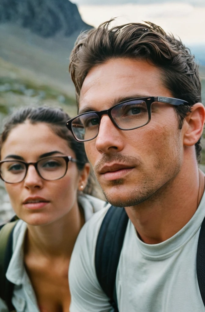 RAW Photo, a muscular white man, olive skin, gray eyes handsome, from England, adventurer, climbing a mountain, with his girlfriend, she wears glasses, hyperdetailed photo, Kodak Ektar 100, rich emotive colors, DSLR 