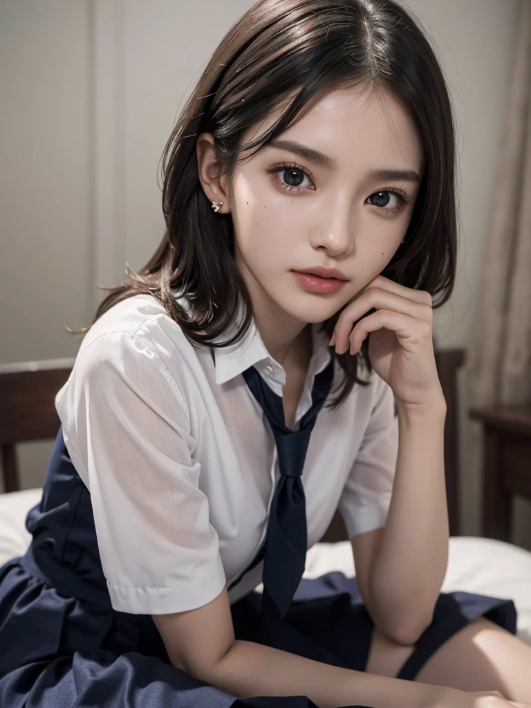 absurdres, RAW photo, extremely delicate and beautiful, masterpiece, Best Quality, ultra high resolution, 32k, hyperrealistic, ultra-detailed, perfect anatomy, super Detailed skin, perfect figure, Super Beauty, Perfect Style, Perfect balance, 20 years old, ((very small head, very small face)), delicate facial features, detailed face, detailed eyes, tearful mole, earring, very huge round breasts, legs, medium hair, whole body shot, indoor, ((school_uniform)),