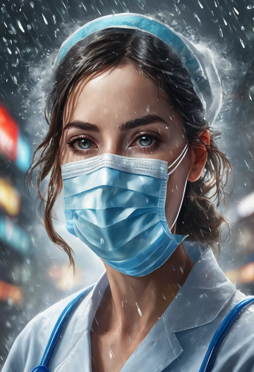 best quality, high resolution, ultra detailed, realistic, female nurse with medicines, wearing medical mask, heavy rain, wind, thunder, reflections, 