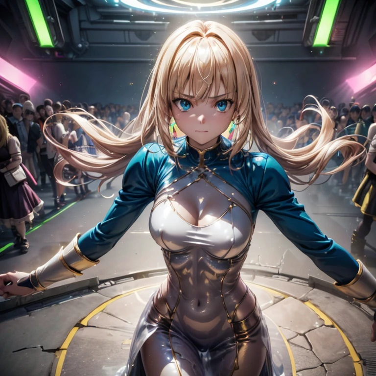 ((Highest quality)), ((masterpiece)), (detailed:1.4), 3d, detailedな筋肉のリアルなmasterpieceを持つカメラを見ている美しいサイバネティックガール, Beautiful cyberpunk woman image,High resolution (High Dynamic Range),Ray Tracing,NVIDIA,Super Resolution,Unreal 5,Scattered beneath the surface,PBR Texturing,Post-processing,Maximum clarity and sharpness,Multilayer Texture,Albedo and Specular Maps,Surface Shading,Accurate simulation of light-matter interactions,Perfect Proportions,Octane Rendering,Two-tone lighting,wide aperture,Low ISO,White balance,Three-part method,8K RAW, Active Pause, Action pose, (Gold Parts), fringe, whole body, Emerald Blue Eyes, very beautiful shorthair, (A faint smile), ((Very elegant)), ((Very luxurious)), ((Very large room)), (Suite Room), (From above),masterpiece,8k,(Silicone Skin), ((In-focus photo)), ((Focused photos)), ((People are not blurred)), 4K,Blonde、Attractions、A beautiful, high-contrast, rainbow-hued costume、Tight clothing ,sprawl ,Heart symbol,(Glowing Skin、Pink and blue light source),huge , ((Heavy breathing:1.3)), , Little devil smile, Angle from below、、throw、((Illuminated by neon and black lights)))、Dancing, (with a gun in hand)、((Two perfect hands))、((Perfect Five Fingers))、