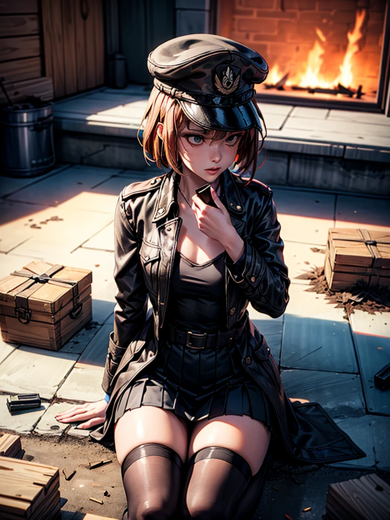 masterpiece, highest quality, (solo focus), (((diagonal view))), (perfect face:1.1), (high detail:1.1), dramatic, 1girl, ((erotic military outfit)), ((cutting edge outfit)), ((earth tone clothes)), skirt, thigh highs, coat tails, peaked cap, crouching, on one knee, holding rifle, sniping, aiming gun, solo, detailed background, smoldering wasteland, abandoned town, ((embers, ashes)), near-future, cinematic lighting,
