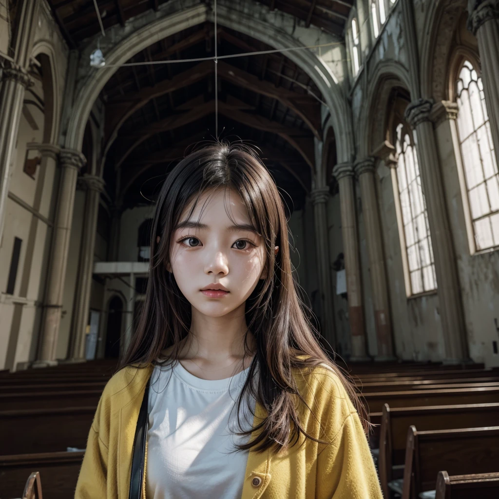 20-year-old Korean woman, holding a yellow umbrella, in an abandoned church, looking at the camera.