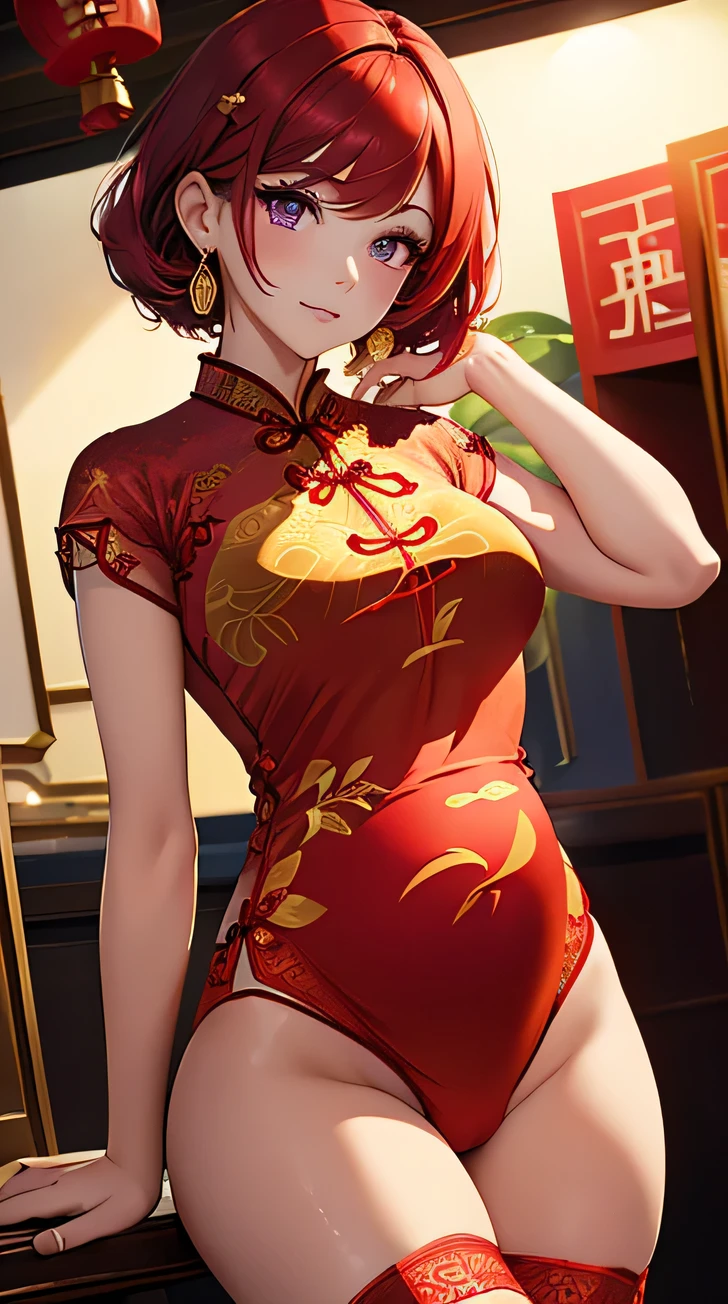 of the highest quality、of the highest quality、highest resolution、beautiful pregnant girl, bright red hair,short hair、big breasts、Hair clip, detailed purple eyes, ((Red cheongsam as underwear:1.4)),firm breasts,gold necklace、golden earrings、In short distance, In your third trimester of pregnancy.
