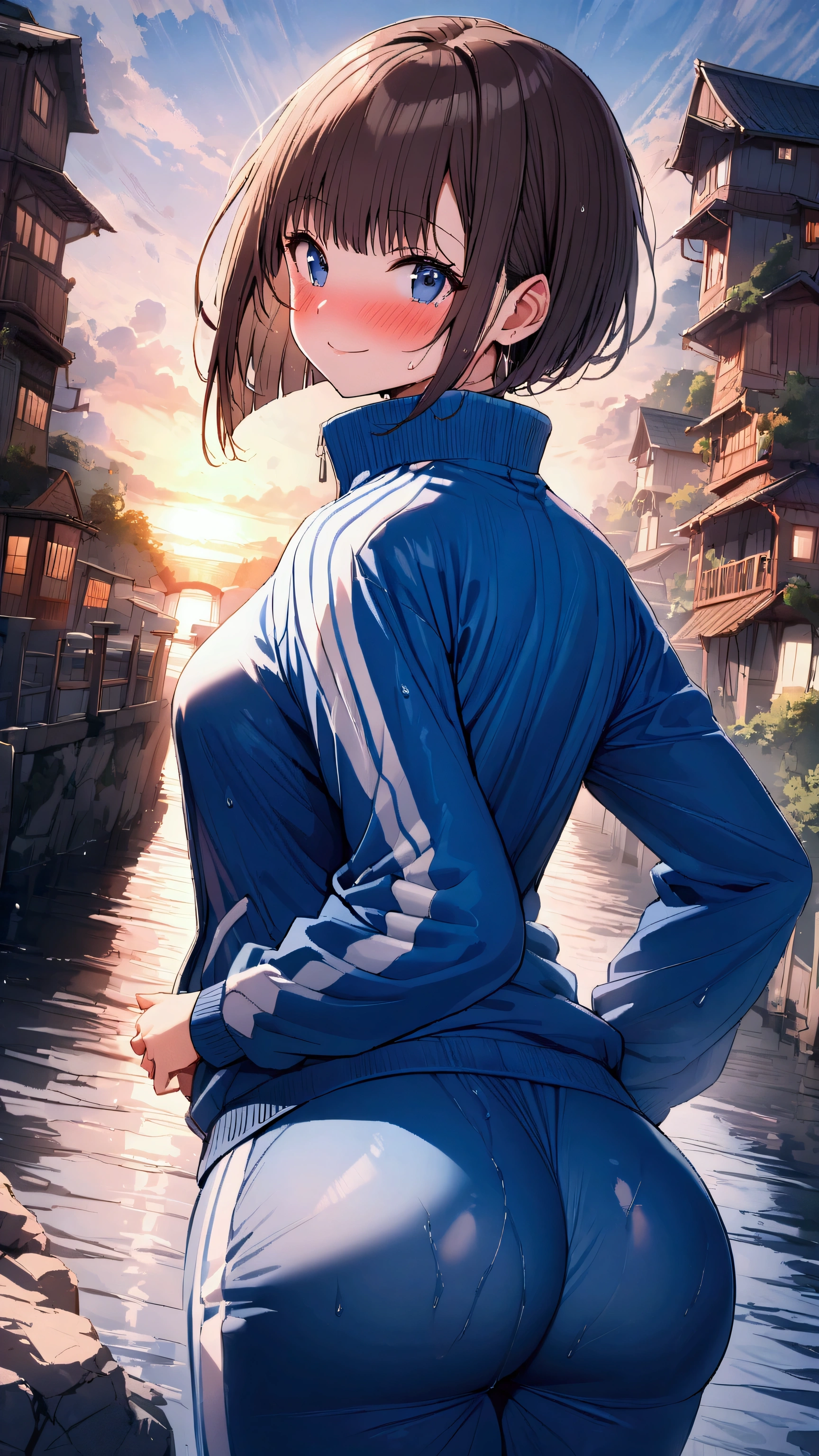 masterpiece, Highest quality, Ultra-high resolution, (beautiful girl: 1.3), Brown Hair, (((Sharp bob))),Looks about 15 years old、 (Blue sweatpants: 1.4), (The jacket is a blue track jacket.: 1.4), Rear View、A waterway with a dazzling sunset.、Wet、(Embarrassing: 1.2), (blush: 1.4),smile、Focus on a very big, round and beautifully shaped ass