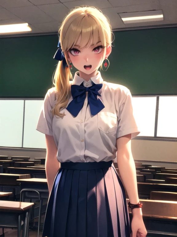 ((Highest quality)), ((masterpiece)), (detailed), Perfect Face, Perfect Arms, Perfect hands, Perfect Fingers, anime, Ultra-fine illustration, (One girl), Wheat skin, Medium chest, (Put your hands behind your back:1.3), (Open your mouth:1.3), Mischievous, Blonde, Side Ponytail, (Earrings:1.3), bracelet, {(Heavy makeup), (Pink beige lip), (Light Brown Eyeshadow), (eyeliner), (False eyelashes), (mascara), (Thin eyebrows)}, {(JK Uniform), (White short sleeve shirt), (Navy blue pleated skirt), (Navy blue ribbon), (A bow tie)}, classroom, School, looking at the camera, Photographed from the front, Upper Body Shot, 