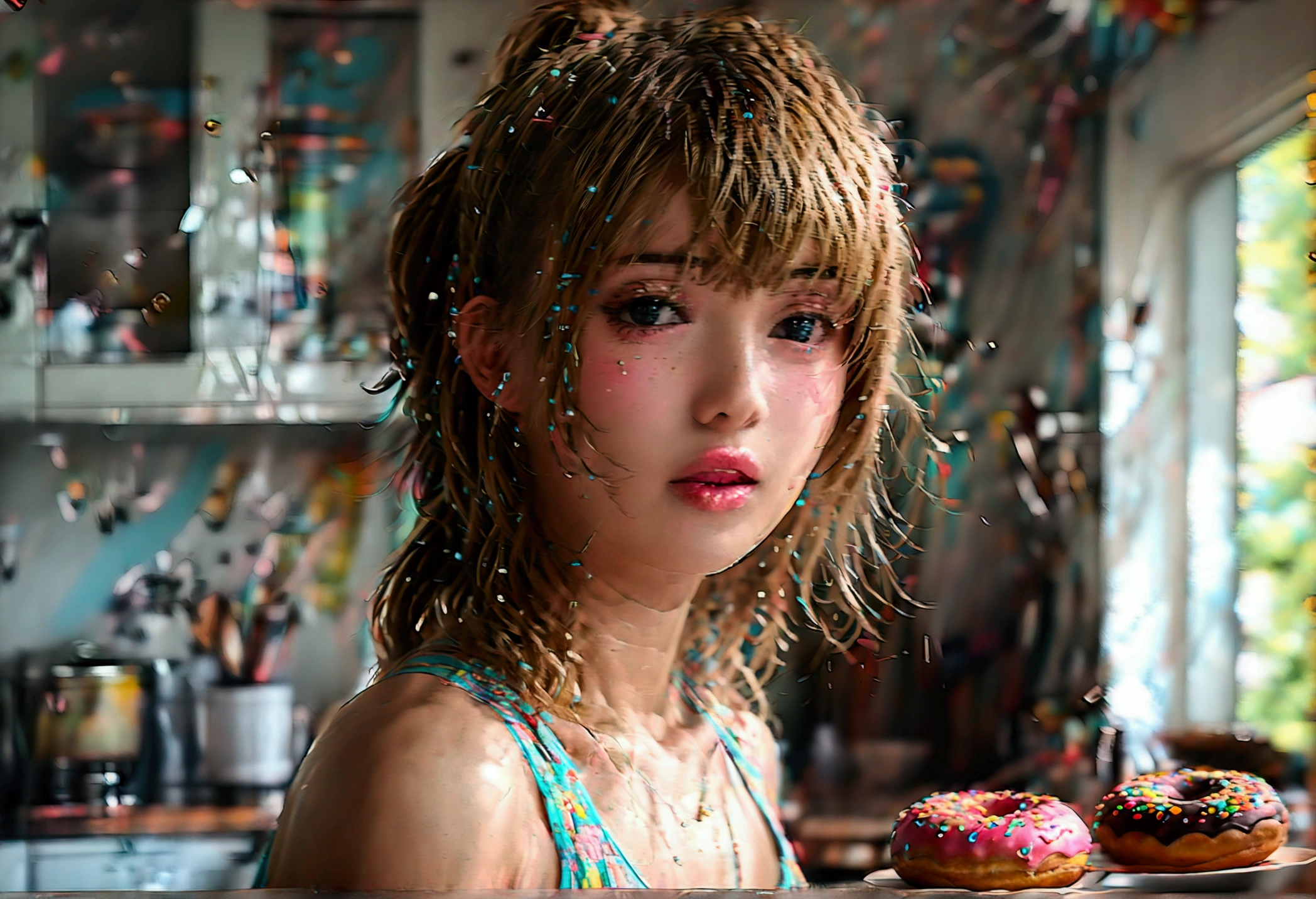 Prompts Copiar prompts Ultra HD、ultra-high resolution、8k、Japanese house donut、in kitchen)、Underarm attention、((viewer:1.8))、(textura de pele extremamente realisitic:1.4)、(realisitic:1.3)、shorth hair、(ssmile:0.4)、(blond:1.3)、40 years old woman、Ponytail hairstyle、(Raise one arm and show your armpit:1.3)、(Close do rosto:1.34)、(sweat:1.4)、nipples are visibleshowing nipples、sticking out your tongue