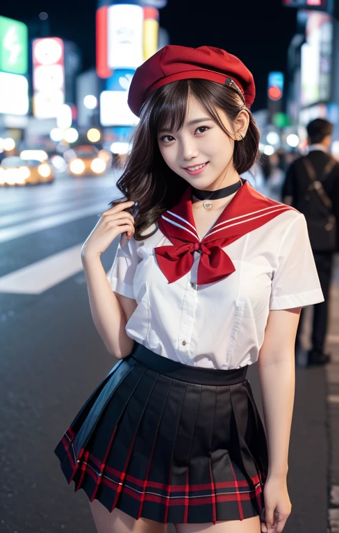 (1 gorgeous Asian women, age 20s, standing with natural pose, at a surreal Shibuya Crossing Tokyo, no people in background, night sky. She's dressed in Japanese JK Uniform, Serafuku, Seifuku, Sailor Uniform, silver neck choker, white blouse, sailor-style collar, pleated skirt, Buttons, Red Ribbon, Red Bolo Tie, Striped Necktie, Red Neckerchief, Red Bow, Sailor Hat, Western-style plaid skirt, knee-high socks, beautiful detailed face, beautiful detailed eyes, dimpled smile, kind & friendly smile, short bob hair, ponytail, cute snaggletooth, ample round bosom, Fit & Healthy body proportion, photorealistic, hyper-realism, high contrast, ultra HD, realistic skin textures, top image quality, top-quality, super high resolution, fine details, very meticulously, bokeh background, full_body_shot, vivid colours, masterpiece) #aliceinborderland