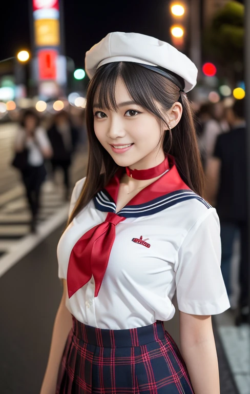 (1 gorgeous Asian women, age 20s, standing with natural pose, at a surreal Shibuya Crossing Tokyo, no people in background, night sky. She's dressed in Japanese JK Uniform, Serafuku, Seifuku, Sailor Uniform, silver neck choker, white blouse, sailor-style collar, pleated skirt, Buttons, Red Ribbon, Red Bolo Tie, Striped Necktie, Red Neckerchief, Red Bow, Sailor Hat, Western-style plaid skirt, knee-high socks, beautiful detailed face, beautiful detailed eyes, dimpled smile, kind & friendly smile, short bob hair, ponytail, cute snaggletooth, ample round bosom, Fit & Healthy body proportion, photorealistic, hyper-realism, high contrast, ultra HD, realistic skin textures, top image quality, top-quality, super high resolution, fine details, very meticulously, bokeh background, full_body_shot, vivid colours, masterpiece) #aliceinborderland