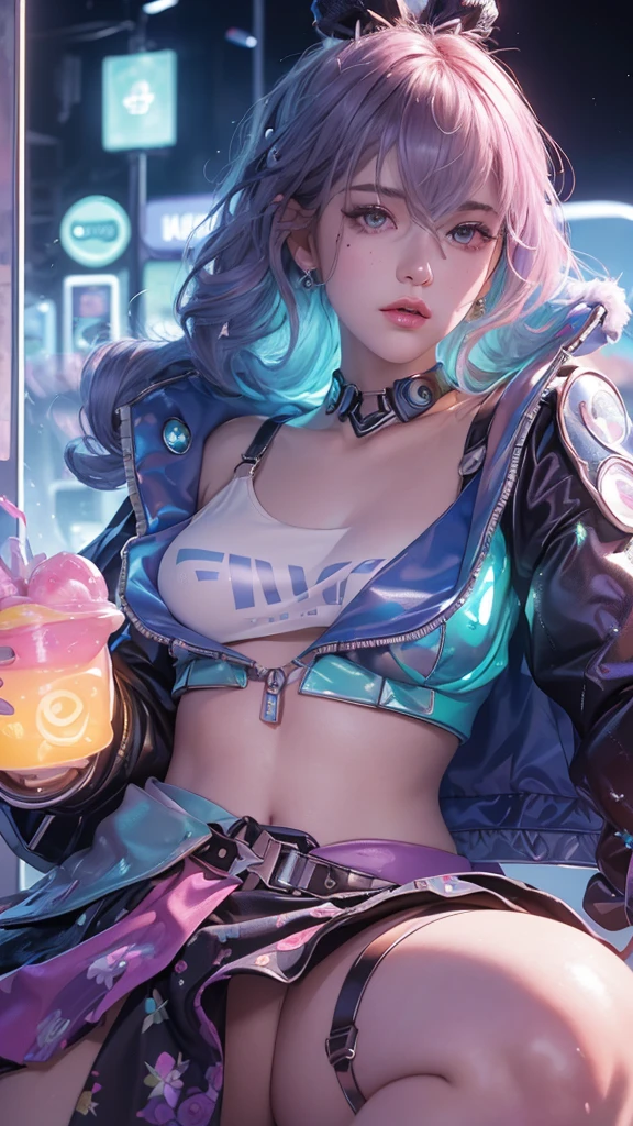 Full body lesbian, 1 slime girl, change, alone, Eye focuudes exquisite radiance, Pink lens flare, movie background, Colorful, the ultra-detailed, HighDynamicRange, Ultra-detailed eyes, mature, Plum, (supermodel:1.3), (Bioluminescence hair: 1.1), (glowing light eyes), (Cosmetic, Strong, The brilliant colors are absolutely eye-catching, dynamic angle, Beautiful details shine through, light,ray-traced reflection, vintagestyle, Life arcade characters, Arcade style world, mitts, jaket, Superskirt,long riding bootlack mitts, black jaket, Drill your hair, Superskirt, (Cute face:1.3),