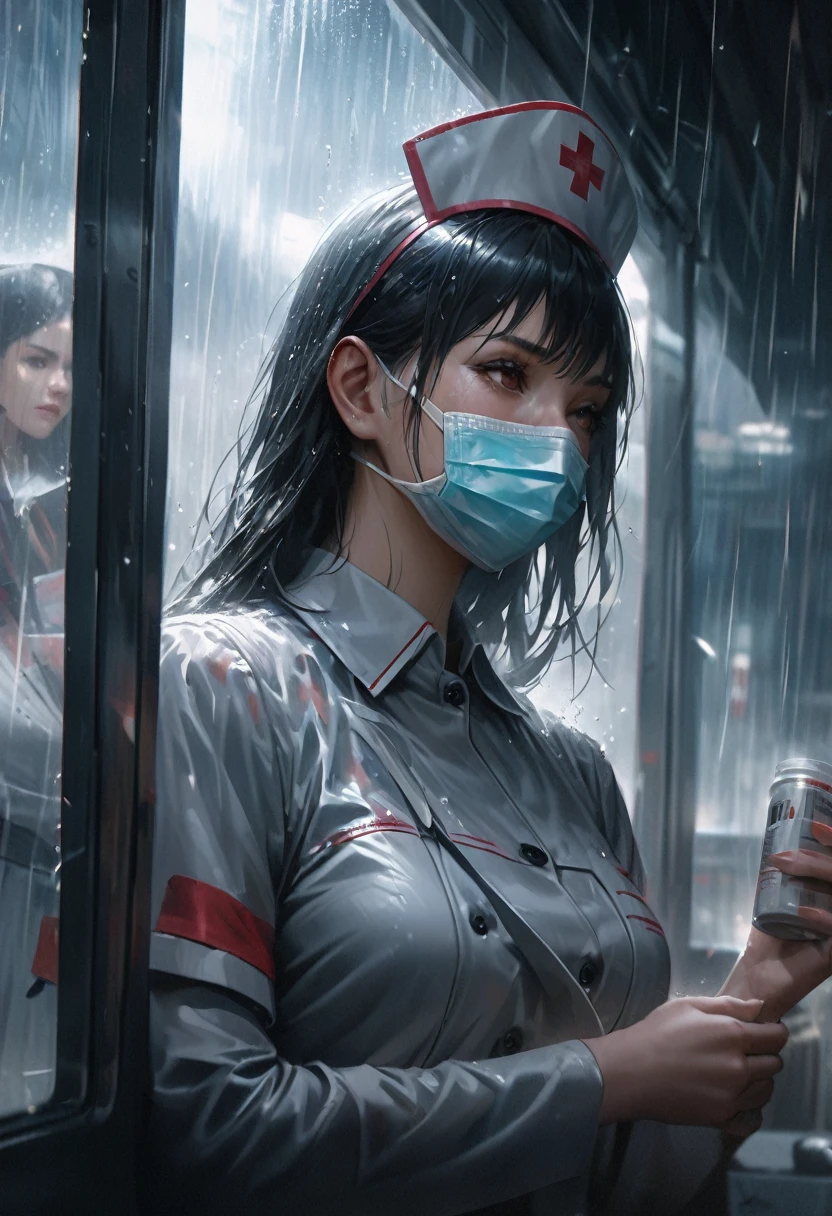 best quality, high resolution, ultra detailed, realistic, female nurse, holding medicines, wearing medical mask, heavy rain, wind, thunder, reflections,