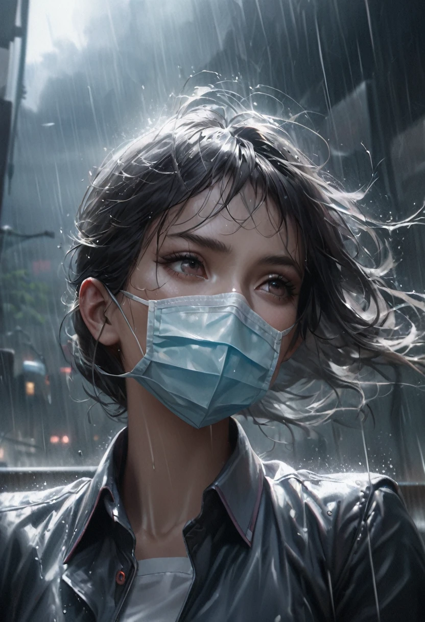 best quality, high resolution, ultra detailed, realistic, female nurse, holding medicines, wearing medical mask, heavy rain, wind, thunder, reflections, 