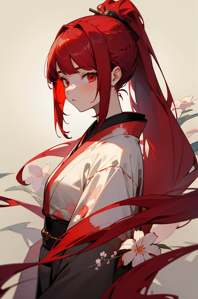 Masterpiece, 1girl, tall, slender, crimson hair, long hair, long ponytail, symmetrical bangs, red eyes, red kimono with white floral patter