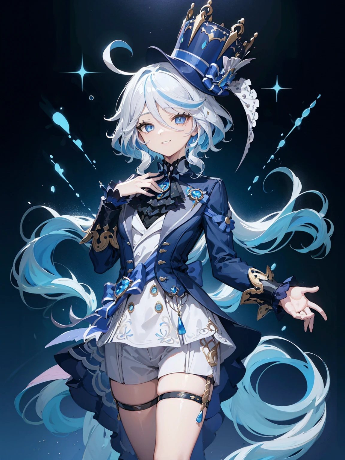 A girl, Very cute girl with a relaxed smile, game illustration,Forrina, White hair,Striped hair,Blue Hair, blue eyes, Top Hat, Jump, Hand drawn illustrations, Hand, Jewelry, One hand on waist
