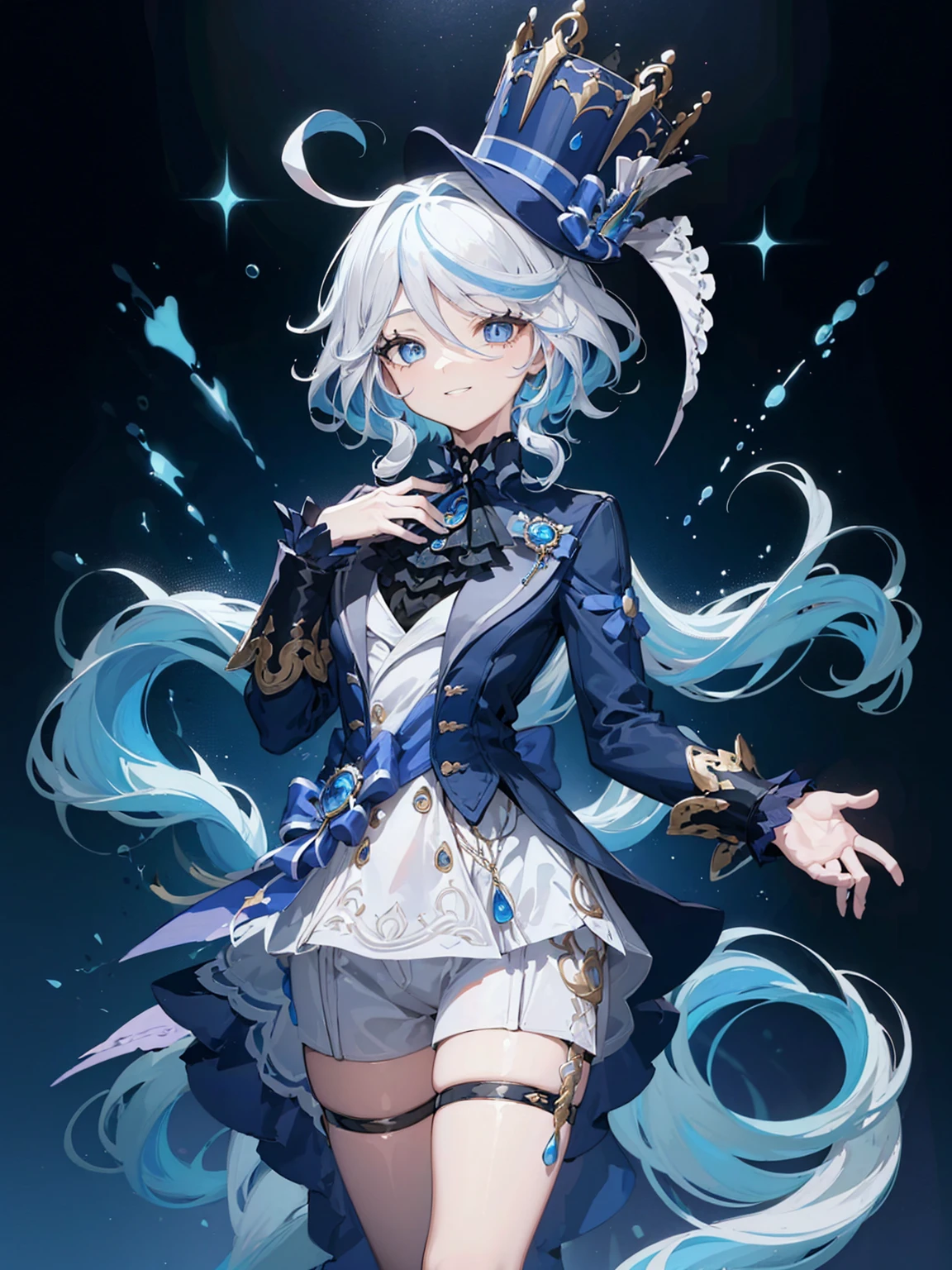 A girl, Very cute girl with a relaxed smile, game illustration,Forrina, White hair,Striped hair,Blue Hair, blue eyes, Top Hat, Jump, Hand drawn illustrations, Hand, Jewelry, One hand on waist