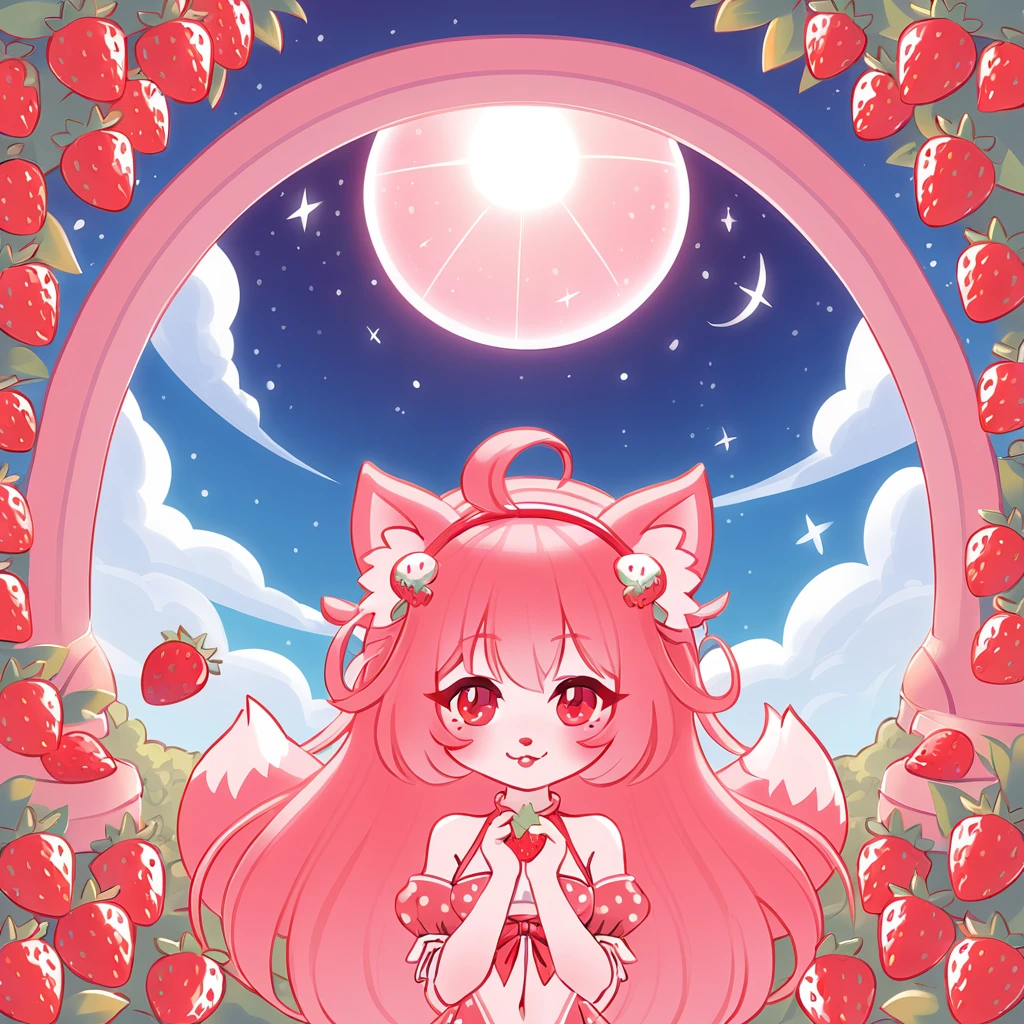 fox girl fair beneath celestial dome in strawberry art style