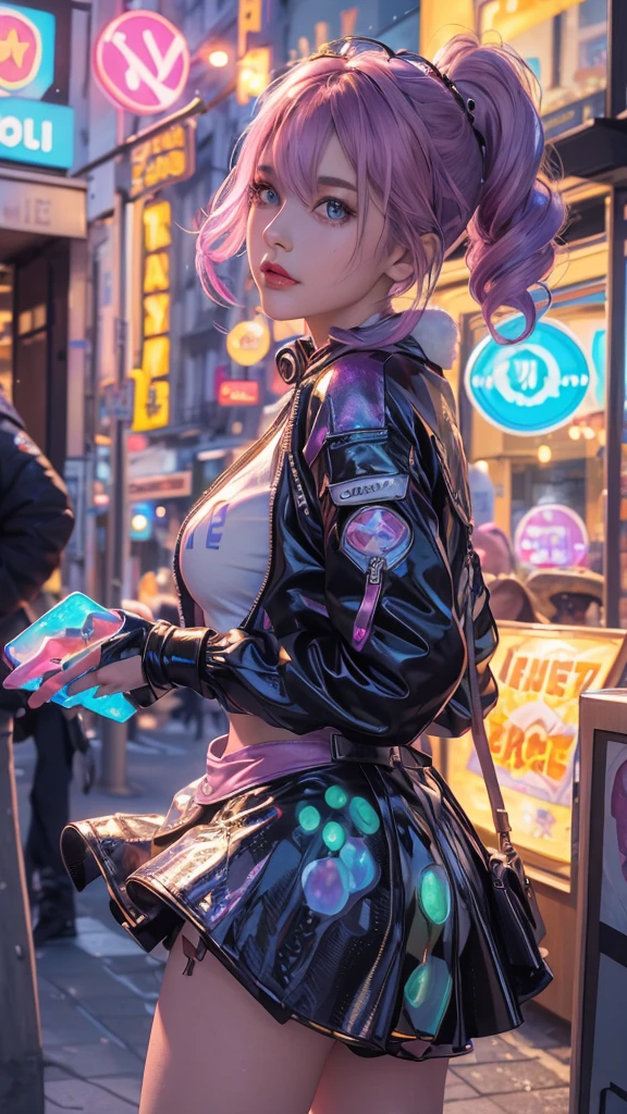 Full body lesbian, 1 slime girl, change, alone, Eye focuudes exquisite radiance, Pink lens flare, movie background, Colorful, the ultra-detailed, HighDynamicRange, Ultra-detailed eyes, mature, Plum, (supermodel:1.3), (Bioluminescence hair: 1.1), (glowing light eyes), (Cosmetic, Strong, The brilliant colors are absolutely eye-catching, dynamic angle, Beautiful details shine through, light，ray-traced reflection, vintagestyle, Life arcade characters, Arcade style world, mitts, jaket, Superskirt,long riding bootlack mitts, black jaket, Drill your hair, Superskirt, (Cute face:1.3),