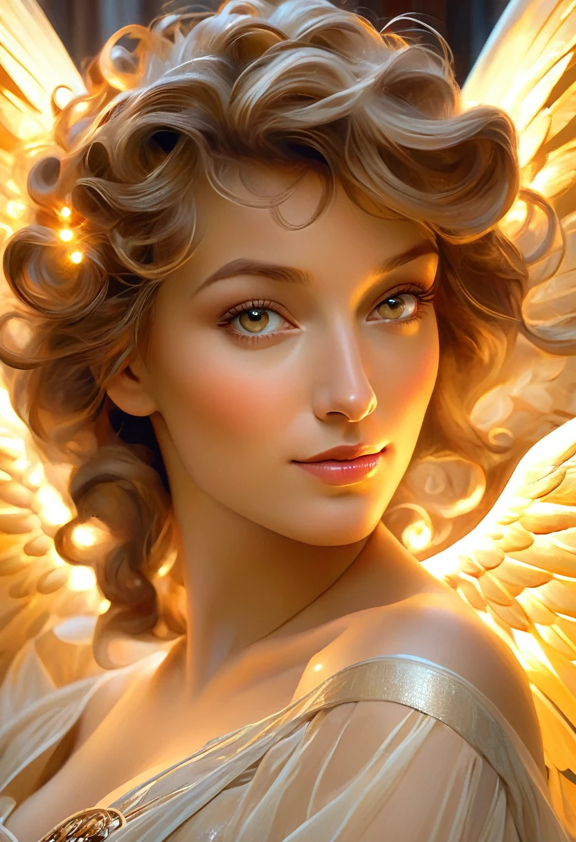 (best quality,4k,8k,highres,masterpiece:1.2), ultra-detailed, (realistic,photorealistic,photo-realistic:1.37),Close-up portrait of the most beautiful angel in the universe, D & D, face, Fantasy, complicated, elegant, Very detailed, Digital Painting, Art Station, Concept Art, Smooth, Sharp focus, figure, ArtJam, Greg Rutkowski, Art by Alphonse Mucha, sexy, golden eyes, (winking at viewers:1.5), Surrounded by a mysterious aura, cleavage, sexy, thigh