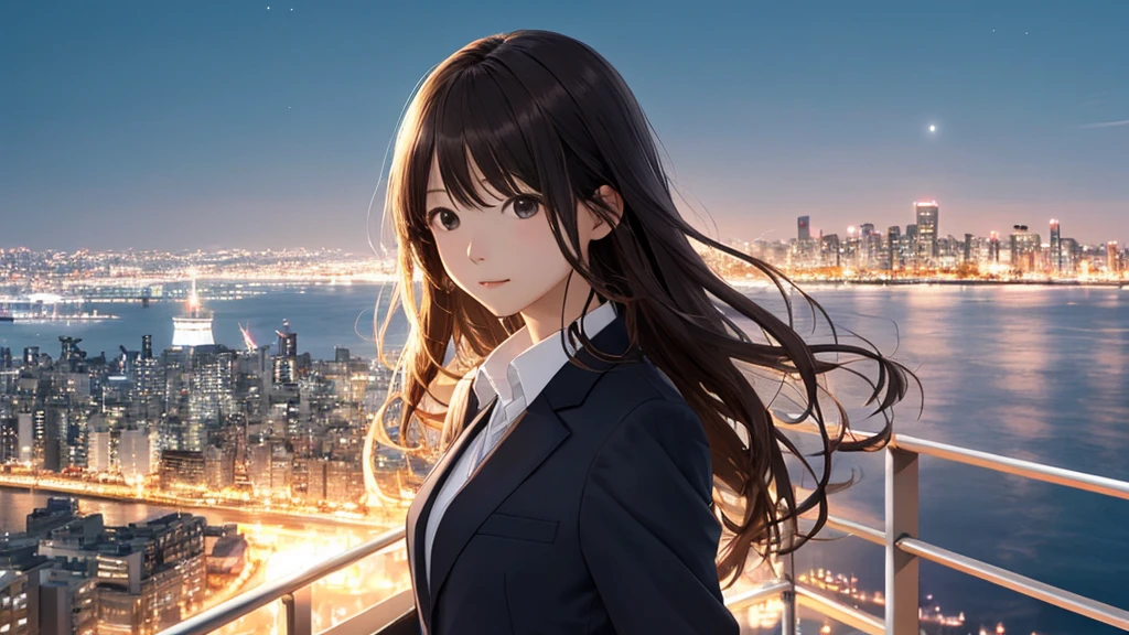 Time is night、Night Sky、Big fireworks、Shiraishi Mei, Looks exactly like Shiraishi Mei,Oceanの方を向いている後ろ姿、Woman looking up at the sky ,Long Hair, Dark brown hair, Suit jacket、Blouse Photos, Realistic, Highest quality, Detailed face, The background is the cityscape of Japan、, Ocean, Embankment, Detailed Background, Diffused sunlight, Written boundary depth, Bokeh (Highest quality: 1.2), (masterpiece: 1.2), Watch Viewer, one piece, White Theme, ,Vision、(((Panorama:1.2))) Bun Hair。