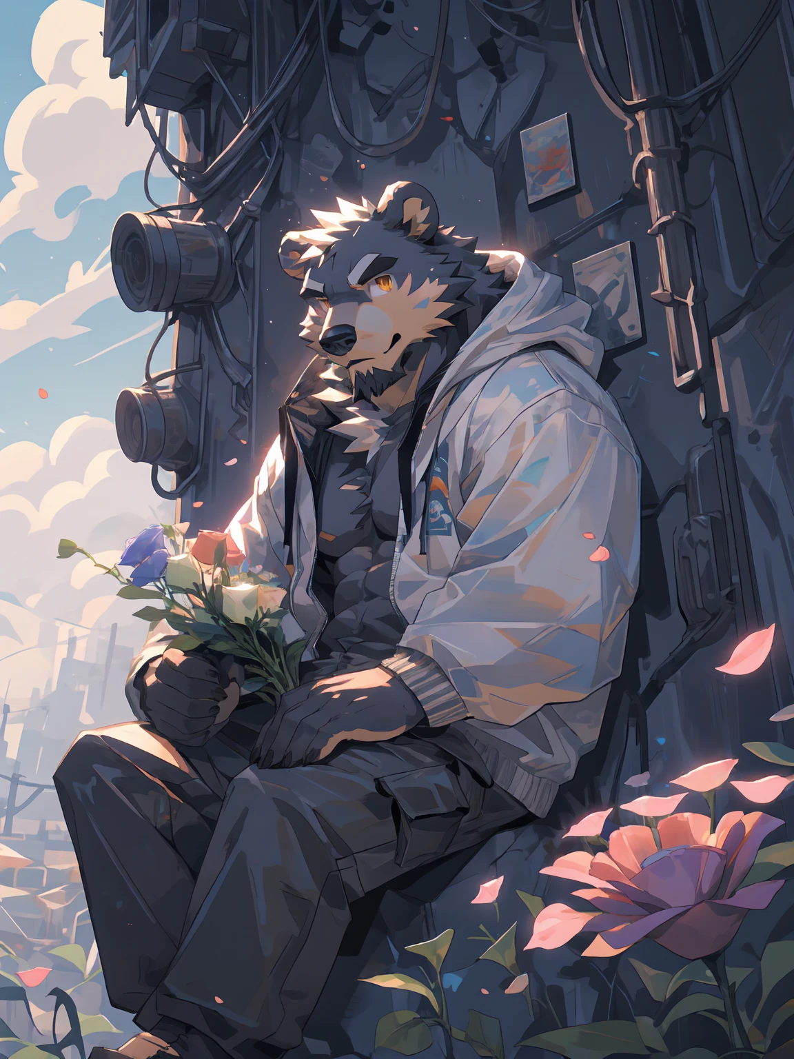 ultra-detailed,extremely detailed and beautiful, sky and white cloud and sunset glow background,ultra-detailed birds, (floating city in bloom, Floating petals, blooming gardens in the sky, many vines on the wall:1.2),Imagination,(masterpiece:1.2), best quality,pixiv,official art,perfect anatomy, (Ray tracing, light),solo, (1_male:1.3) , (muscle), (grey fur:1.4), (muscle bear), (beard:1.2), (gleaming golden eyes), bear tail,Thick black eyebrows,(open hoodie :1.3),(naked inside:1.2),cargo shorts, (pure white background: 1.3), looking at viewer,dynamic pose, (holding a bouquet:1.3),(flower:1.3),(leaves:1.3),(portrait:1.3)