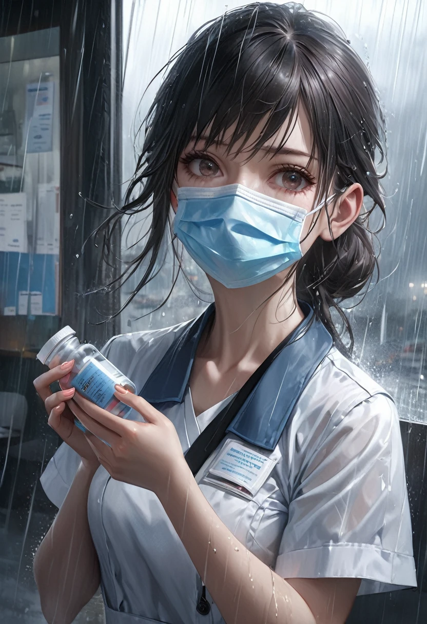 best quality, high resolution, ultra detailed, realistic, female nurse, holding medicines, wearing medical mask, heavy rain, wind, thunder, reflections,