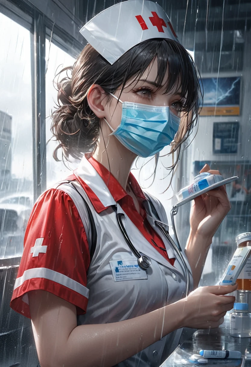best quality, high resolution, ultra detailed, realistic, female nurse, holding medicines, wearing medical mask, heavy rain, wind, thunder, reflections, 