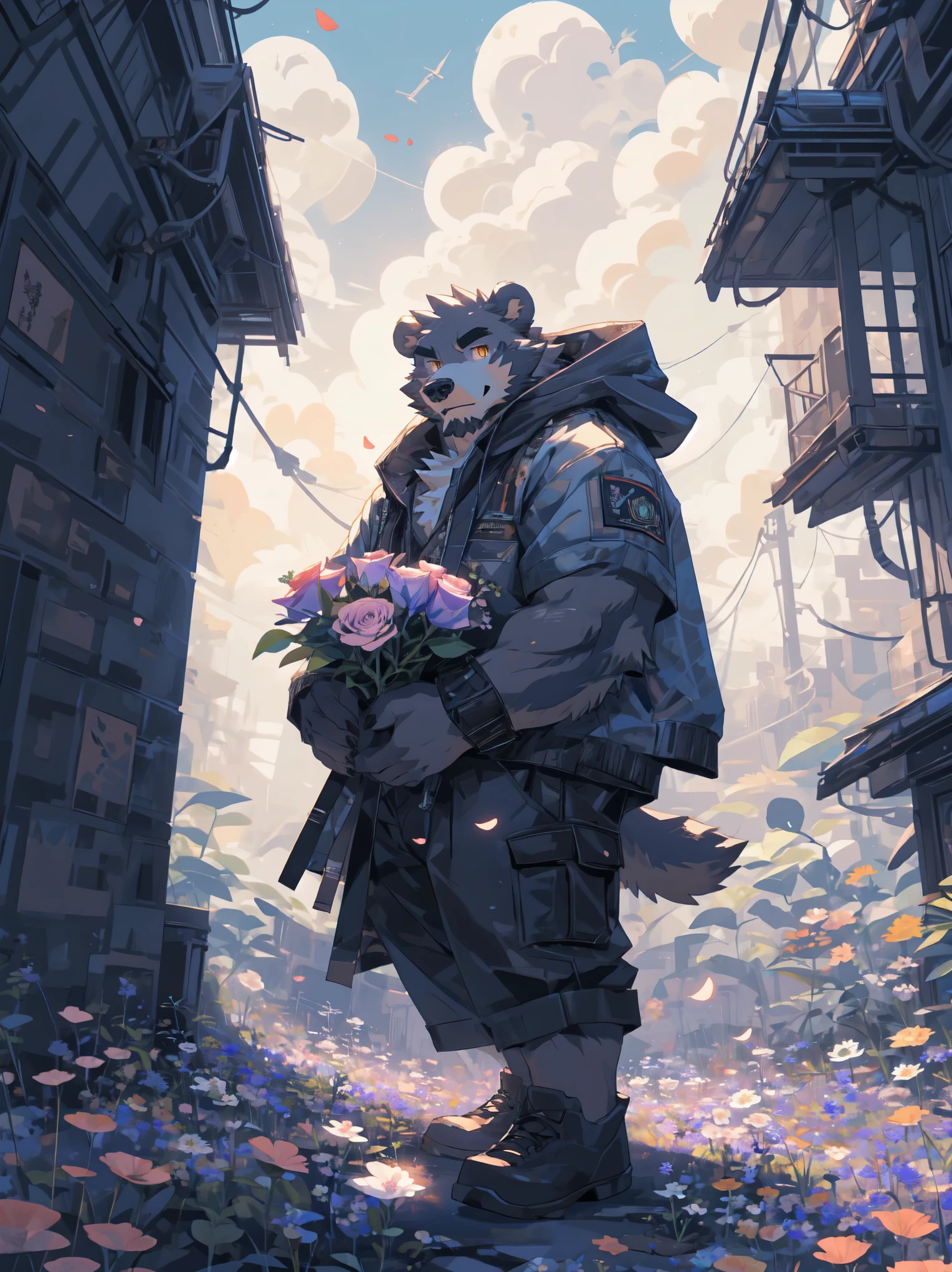 ultra-detailed,extremely detailed and beautiful, sky and white cloud and sunset glow background,ultra-detailed birds, (floating city in bloom, Floating petals, blooming gardens in the sky, many vines on the wall:1.2),Imagination,(masterpiece:1.2), best quality,pixiv,official art,perfect anatomy, (Ray tracing, light),solo, (1_male:1.3) , (muscle), (grey fur:1.4), (muscle bear), (beard:1.2), (gleaming golden eyes), bear tail,Thick black eyebrows,(open hoodie :1.3),(naked inside:1.2),cargo shorts, (pure white background: 1.3), looking at viewer,dynamic pose, (holding a bouquet:1.3),(flower:1.3),(leaves:1.3),(portrait:1.3)