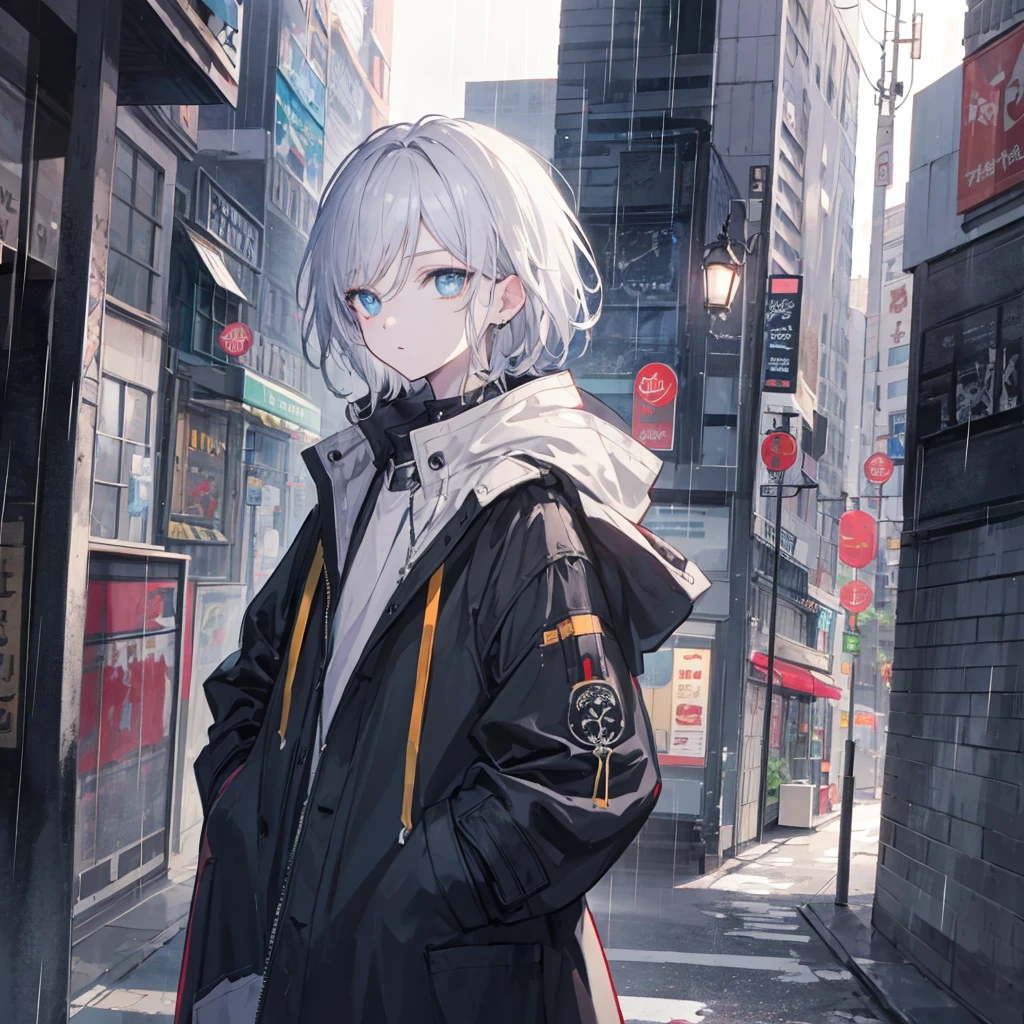 (masterpiece,Highest quality,Anime Style,atmosphere,More Information,CG rendering,Character portrait,Ray Tracing)((juvenile、juvenile、Shota、Solo))1 boy, City of night, rain, coat, Detailed face, Detailed eyes, Beautiful Eyes, View your viewers, Put your hands in your pockets、Light-colored eyes、Gradient Hair