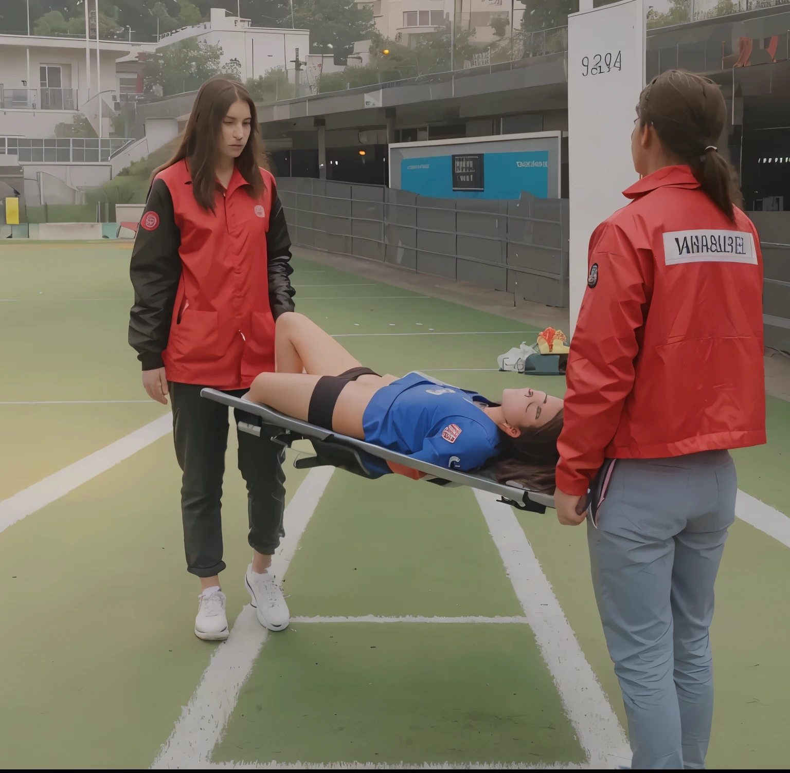 young ambulancewomen, ambulancewomen are carrying a man on a stretcher, realistic scene, injured, realistic shot, photo - shot, over-shoulder shot, edited, a beautiful, hurt, an illustration, in the background, dramatic scene, heartbreaking, special, carrying a tray, real photo, professional shot, a long-shot, There is a man lying on a stretcher with his hands crossed over his face, a man in a t-shirt and sports shorts has crossed his hands over his face, the man has an agonised face under his hands, two longhaired and ponytailed women that are wearing very shiny coats, there are longhaired women wearing laquered puffy coats, longhaired women are walking in wetlook puffy coats, several women walking around a football field with an injured athlete on a stretcher, the injured athlete on the stretcher covers his face with both hands, the women look very worried, behind the women there is a frightening atmosphere, there is heavy rainfall in the background, video still, behind the scenes, Malika Favre, screenshot, footage, 4 0 9 6, cover photo, aesthetic shot, dramatic mood, intense scene